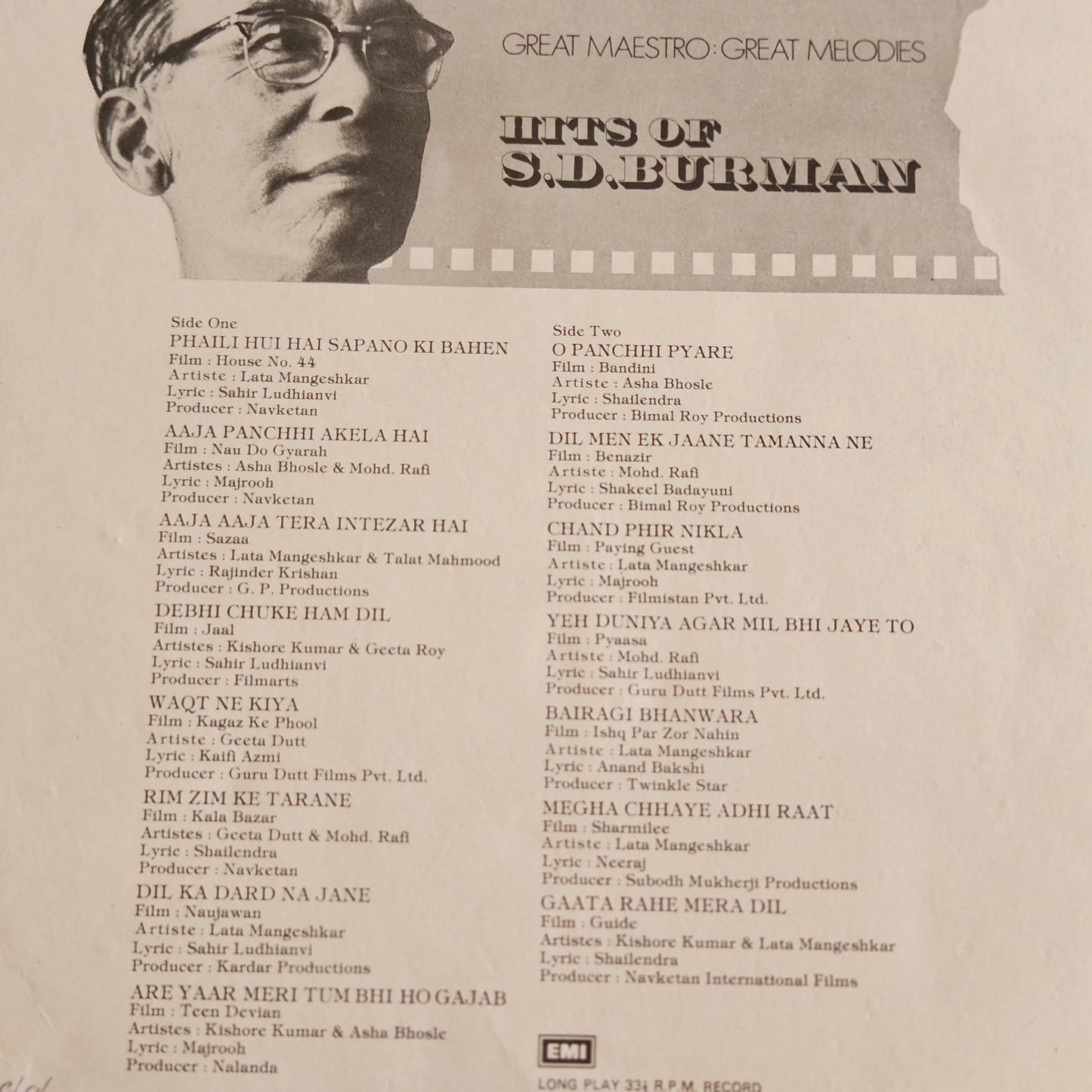 Hits of S. D. Burman in near mint  condition from original soundtrack - ECLP5937 rare collection