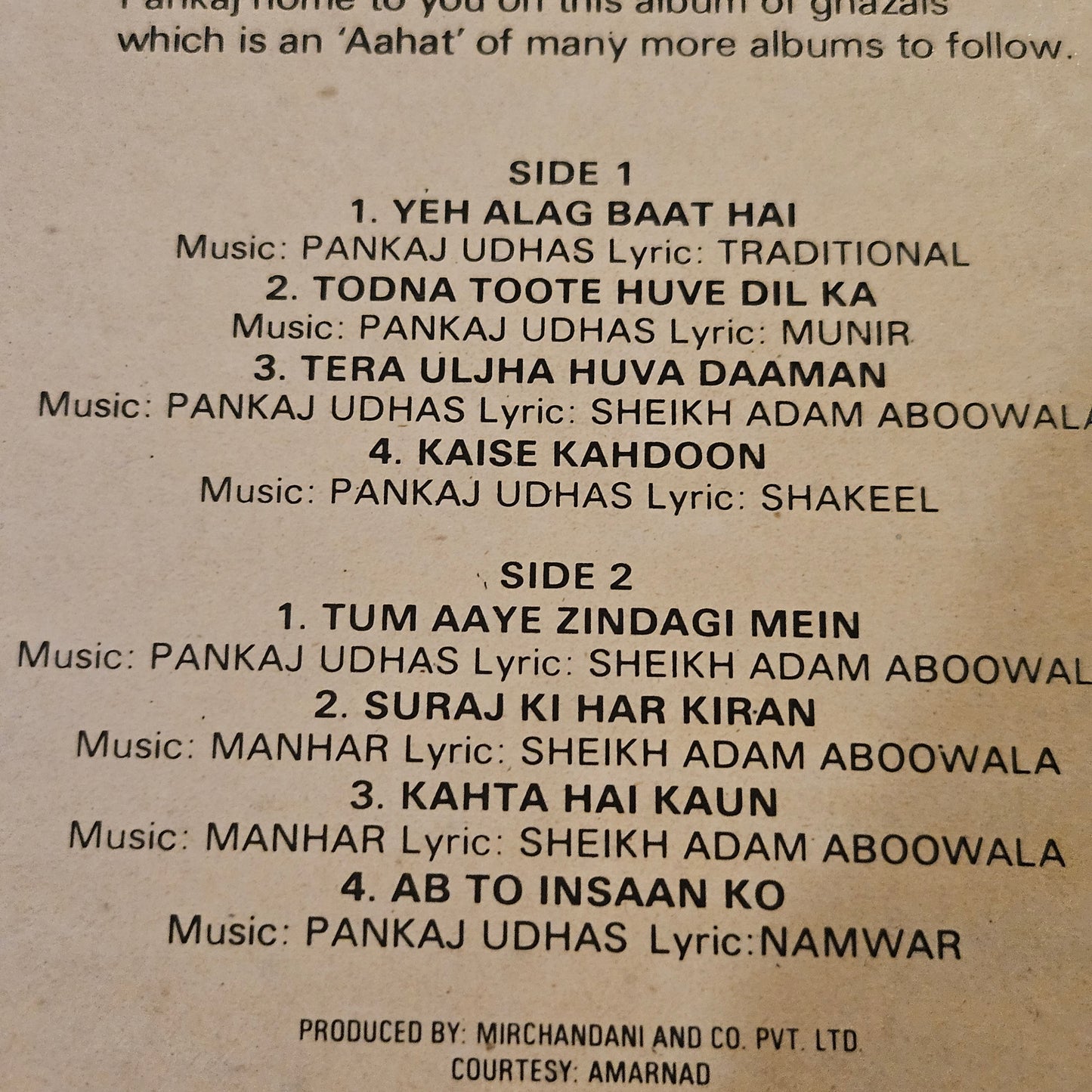 Aahat  - Ghazals - Pankaj Udhas in Near Mint condition