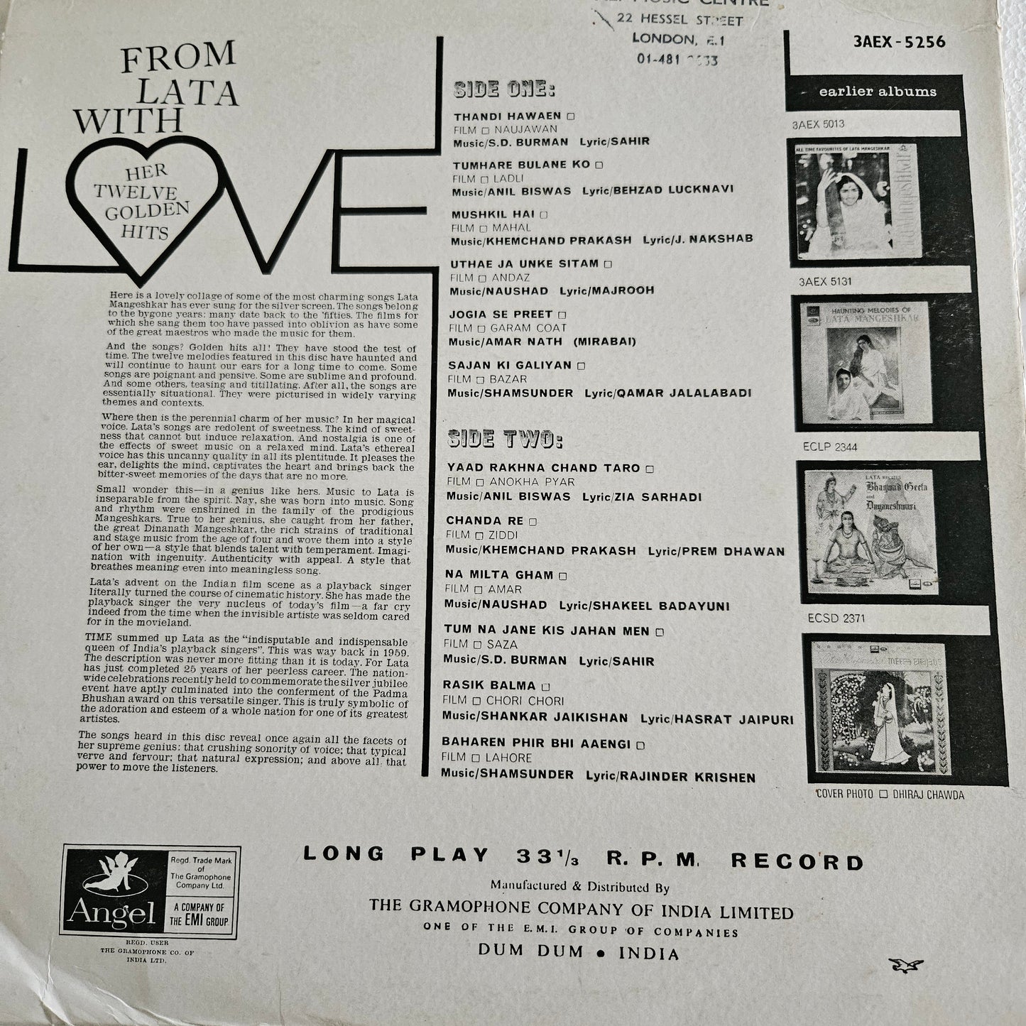 Lata Mangeshkar  - From Lata with Love - 1st Angel  -  in Excellent to near mint 3AEX5256 from original soundtrack 12 eternal songs