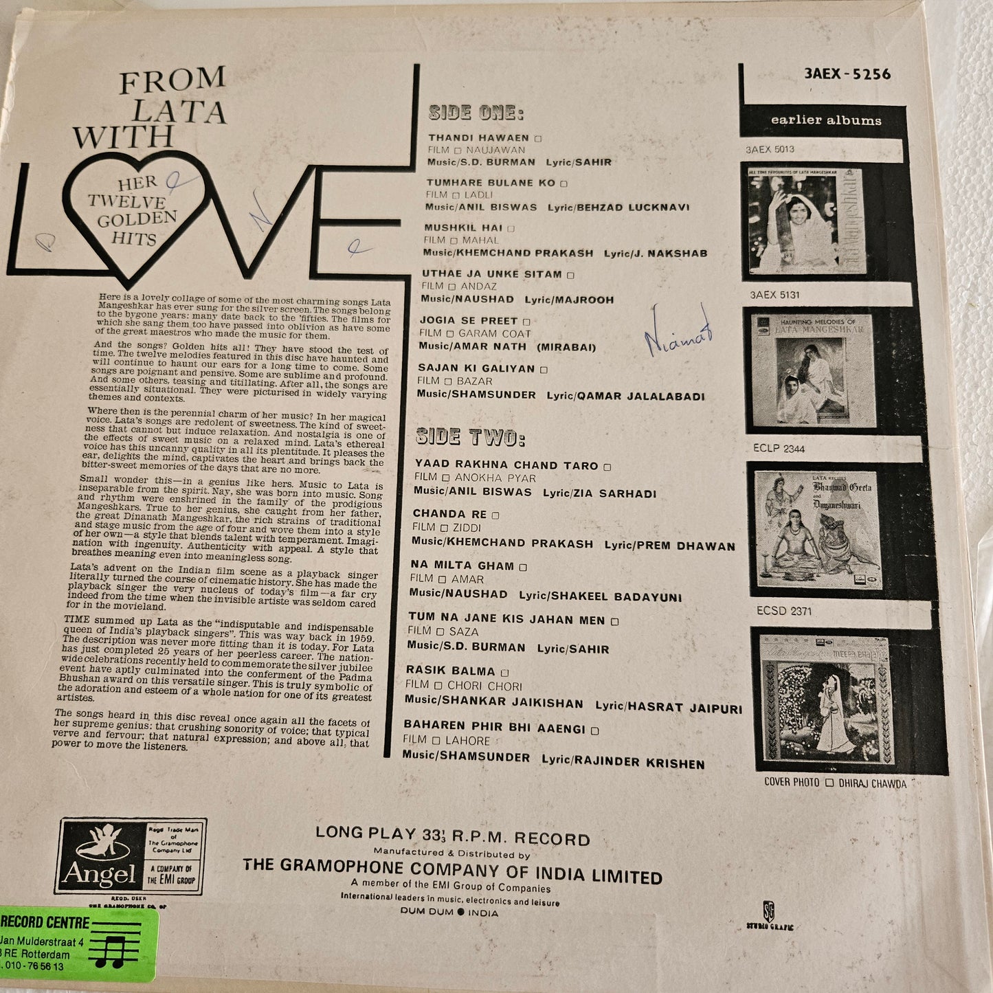 Lata Mangeshkar  - From Lata with Love - Odeon  in  near mint 3AEX5256 from original soundtrack 12 eternal songs