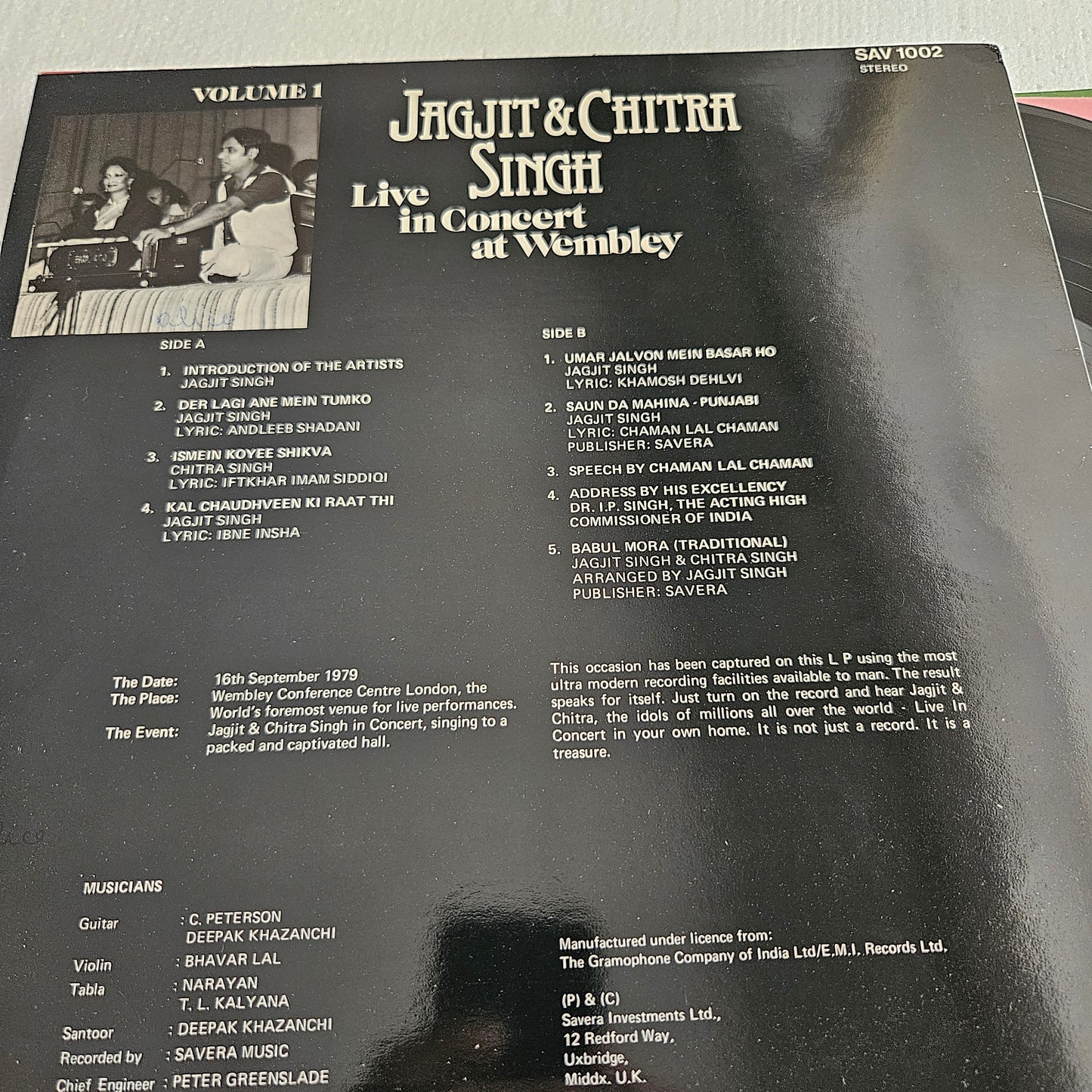 Ghazals - Jagjit Singh and Chitra Singh - Live In Concert At Wembley Vol 1 : near mint condition Made in UK - savera records