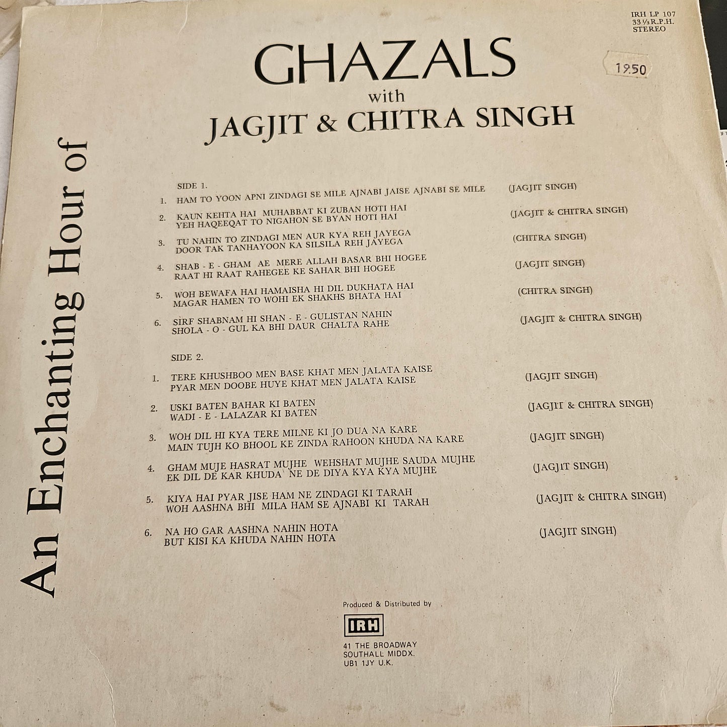 Ghazals - Jagjit Singh and Chitra Singh -  An Enchanting Hour of GHAZALS : near mint Made in UK - IRHLP107