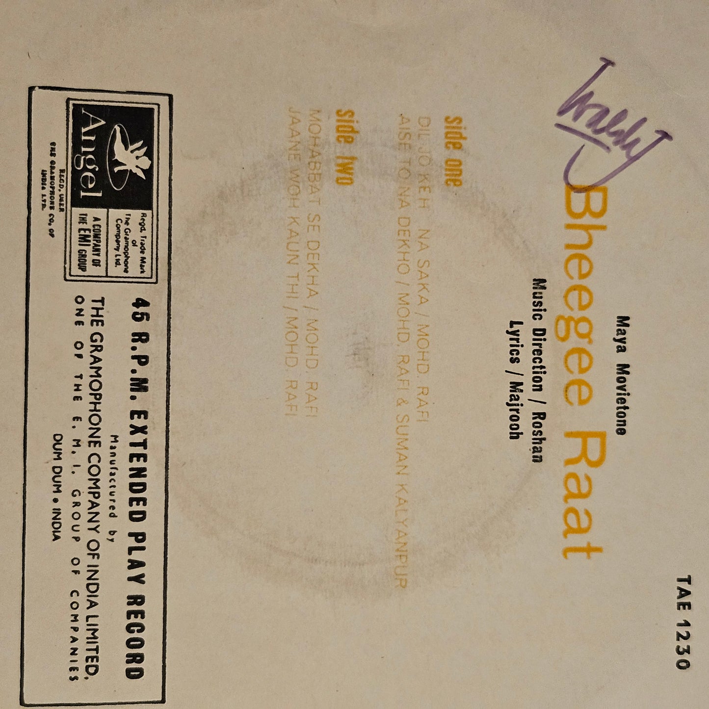 Bheegee Raat  - Music Roshan  classic superhit in Near mint Angel  EP rare from original soundtrack TAE-1230