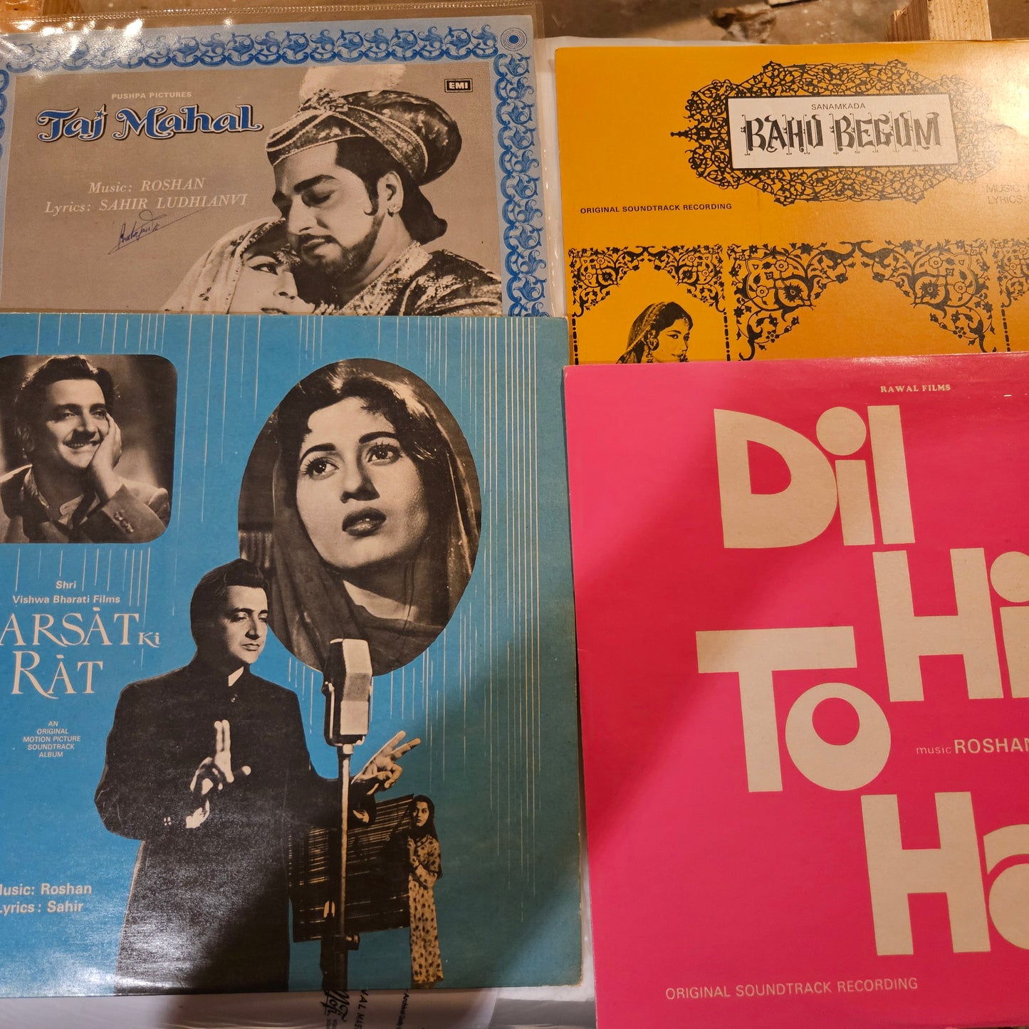 4 Great Albums package deal - Music by Roshan and Lyricist Sahir Classics Barsat ki Rat,Taj Mahal, and Bahu Begum and Dil Hi To Hai  in excellent to near mint  from original soundtrack