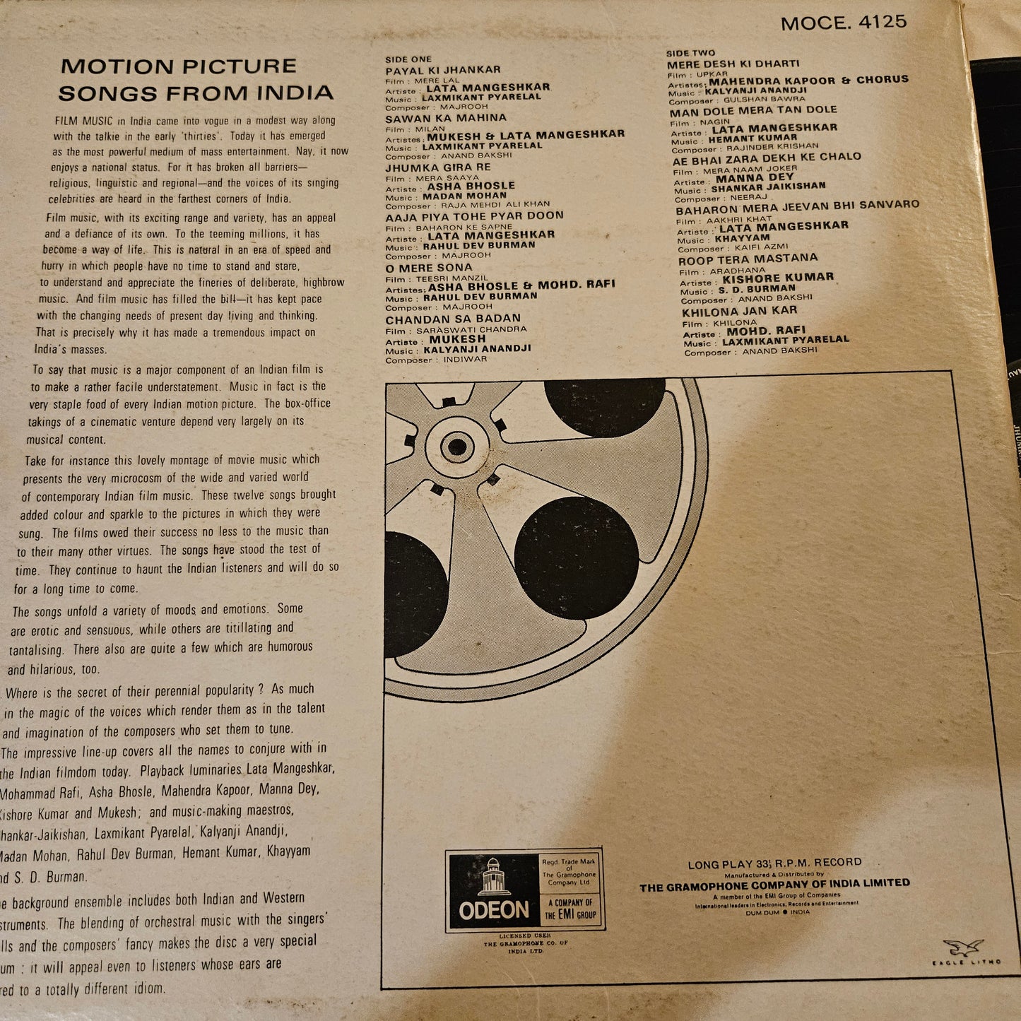 Motion Picture Songs from India - Ring Odeon edition. Superhit collection of songs  from original soundtrack in VG++ condition - MOCE 4125