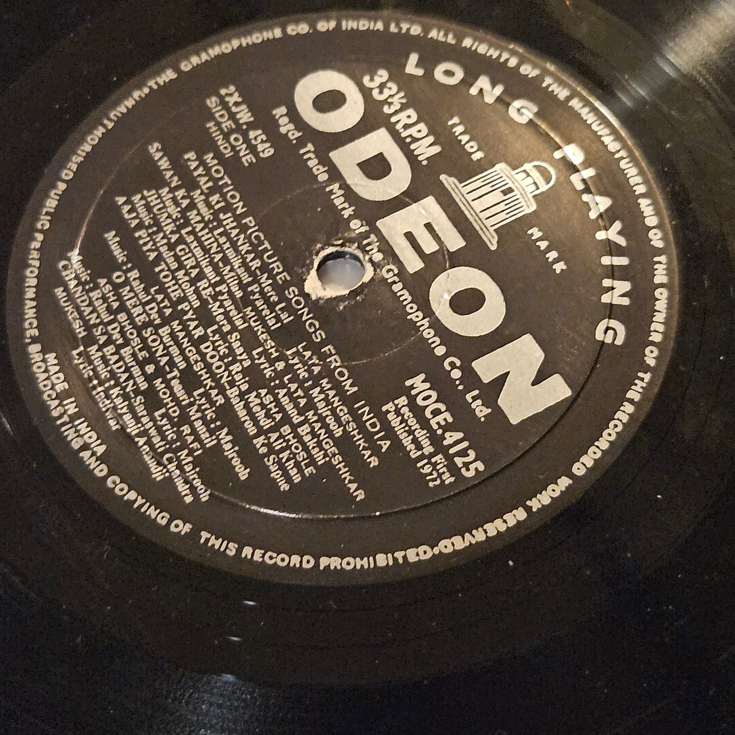 Motion Picture Songs from India - Ring Odeon edition. Superhit collection of songs  from original soundtrack in VG++ condition - MOCE 4125