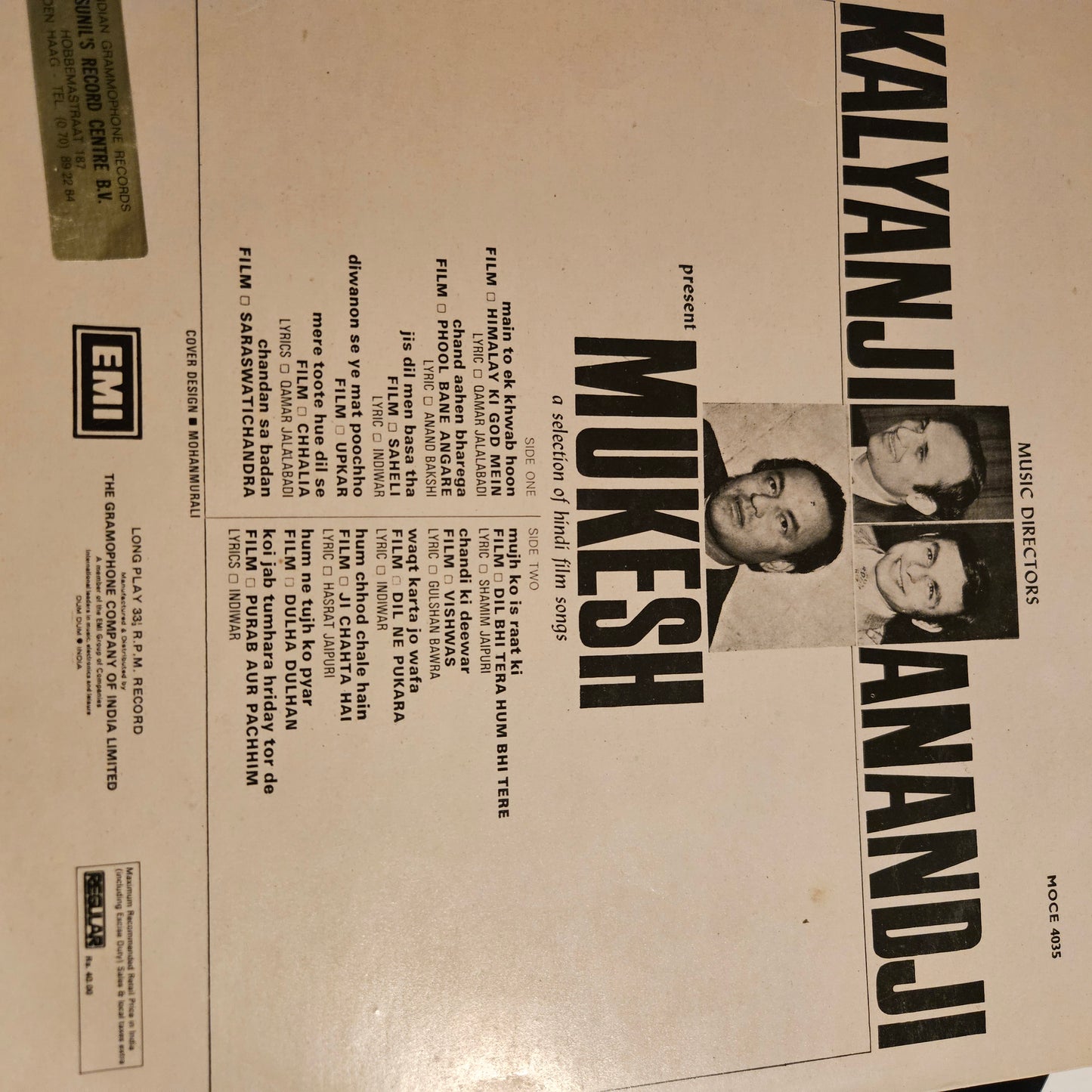 Kalyanji Anandji present MUKESH - in VG++ condition from original soundtrack - MOCE 4035