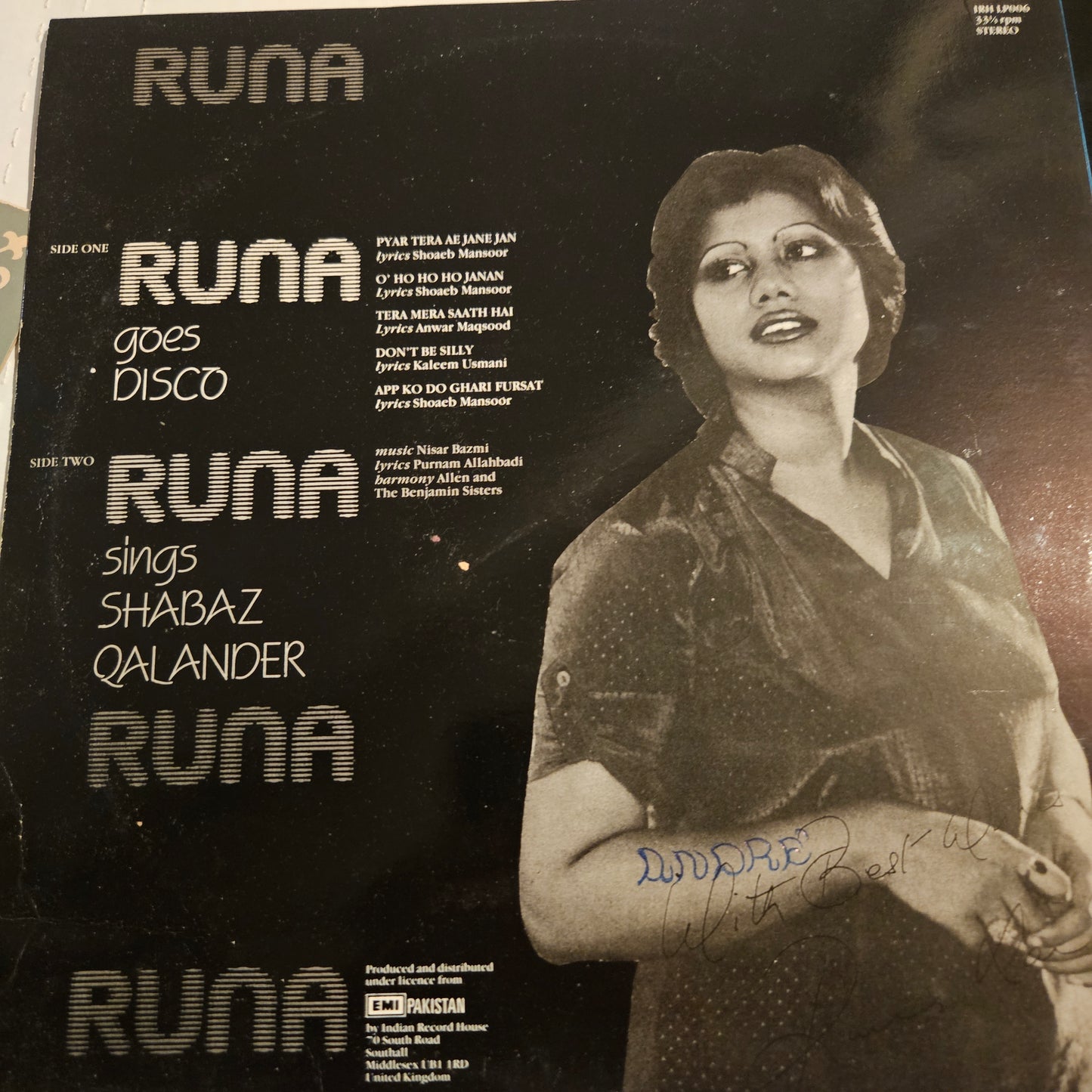 Runa Laila - Runa Goes Disco featuring Shabaz Qalandar near mint Made in Uk IRH LP006