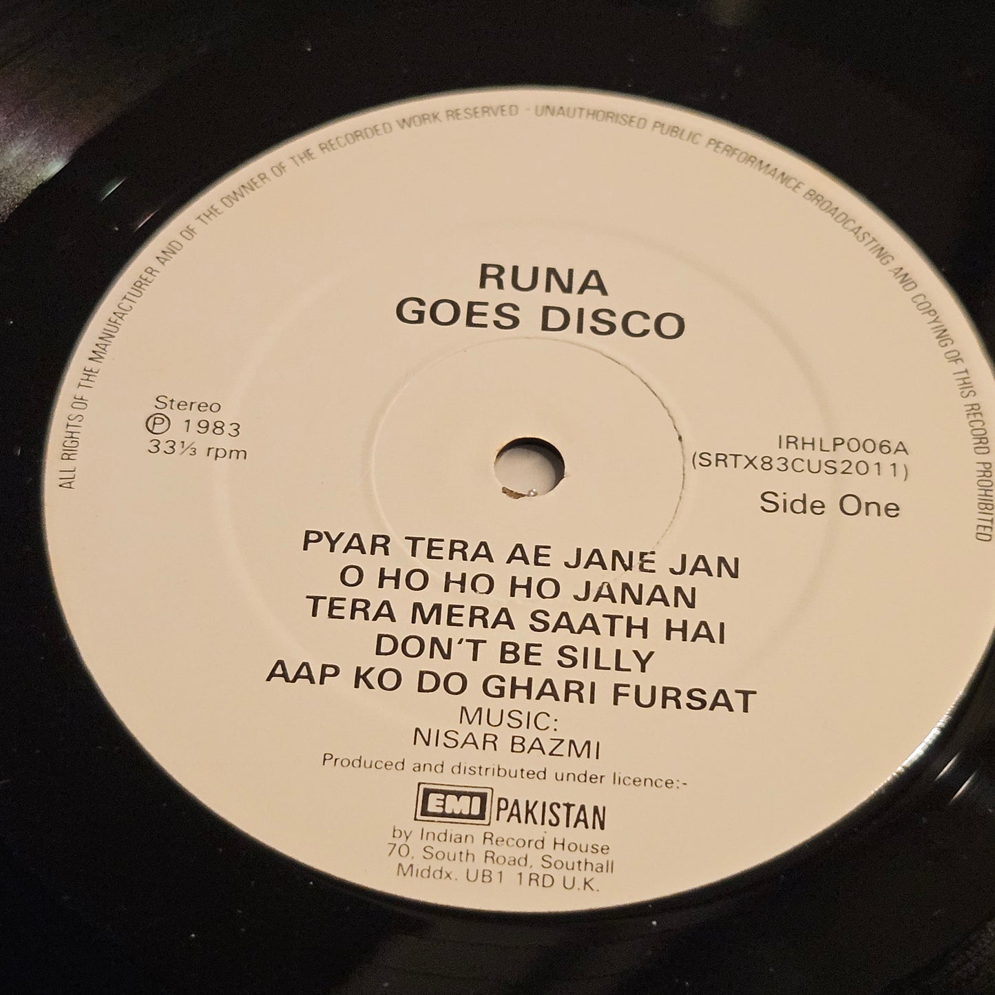 Runa Laila - Runa Goes Disco featuring Shabaz Qalandar near mint Made in Uk IRH LP006
