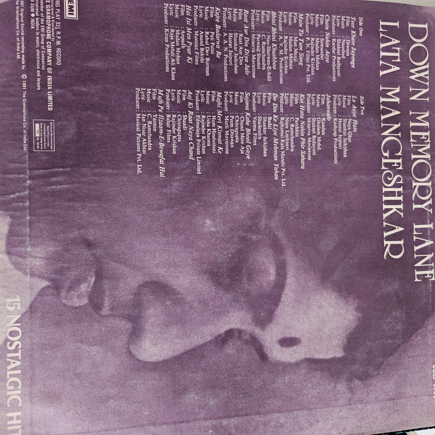 Lata Mangeshkar - Down Memory lane - Superhit collection from original soundtrack - ECLP 5758 - 15 Nostalgic hits