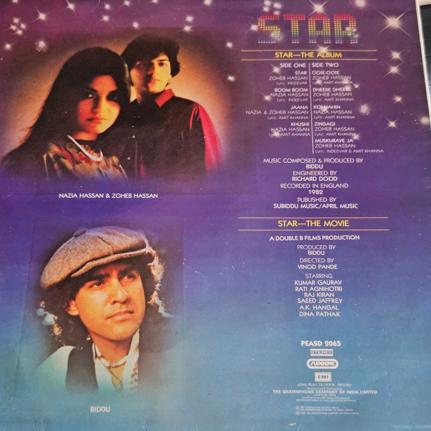 Star (1982) - Nazia & Zoheb Hassan* - and  - Biddu Star in Excellent condition original soundtrack in Supreme Stereo PEASD 2065