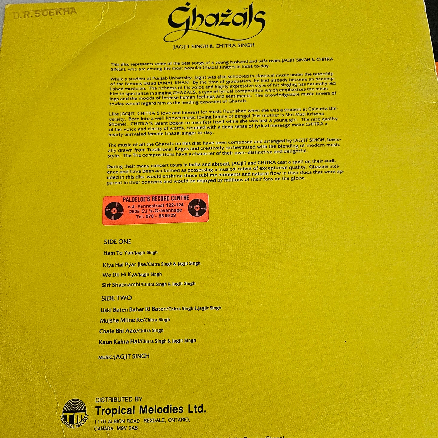 Ghazals - Jagjit Singh and Chitra Singh -  An Enchanting Hour of GHAZALS : Vg and NM Made in Canada - TM003 read description