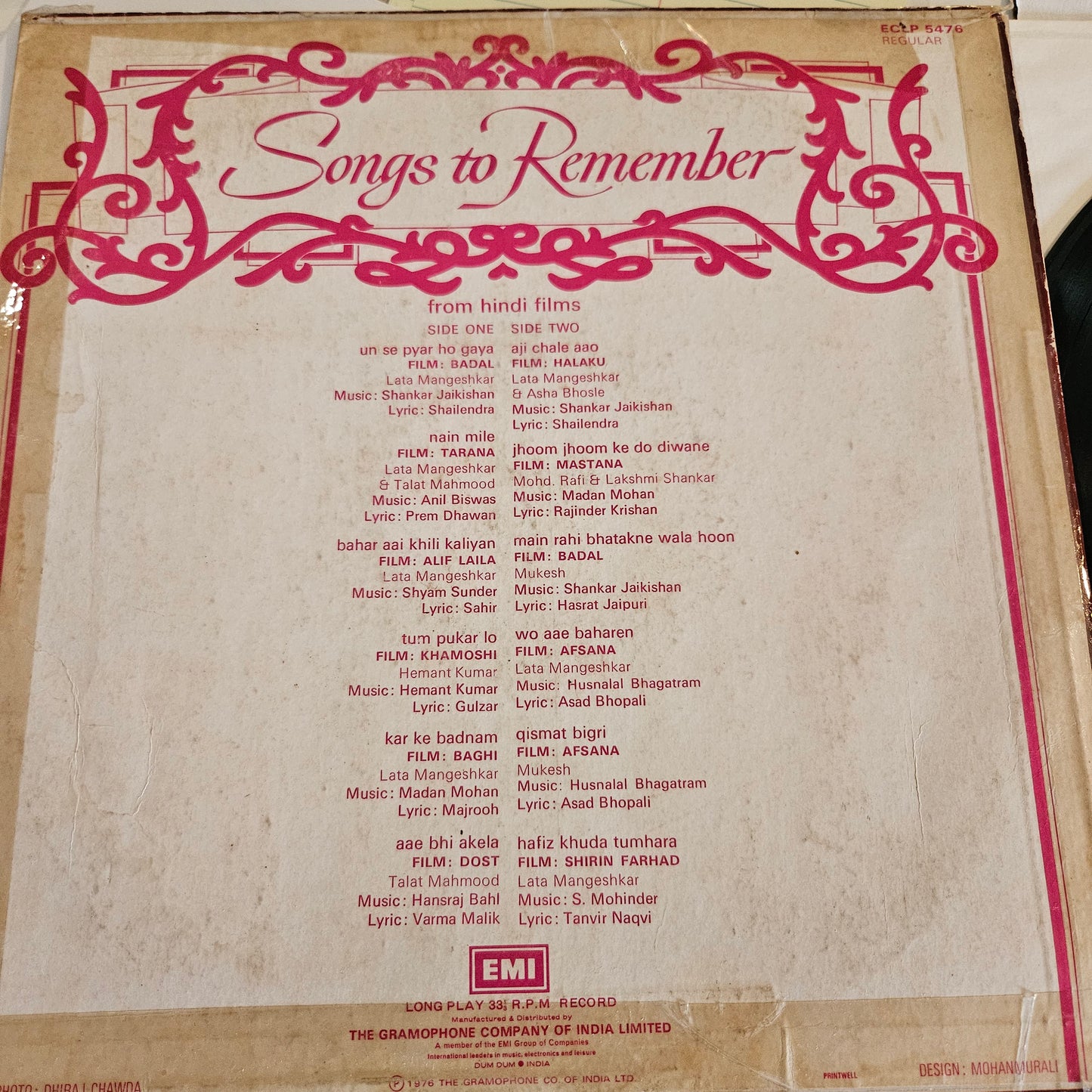 Songs to remember in excellent condition - superb collection of rare classic songs - from films ECLP 5476 including Guzra hua zamana
