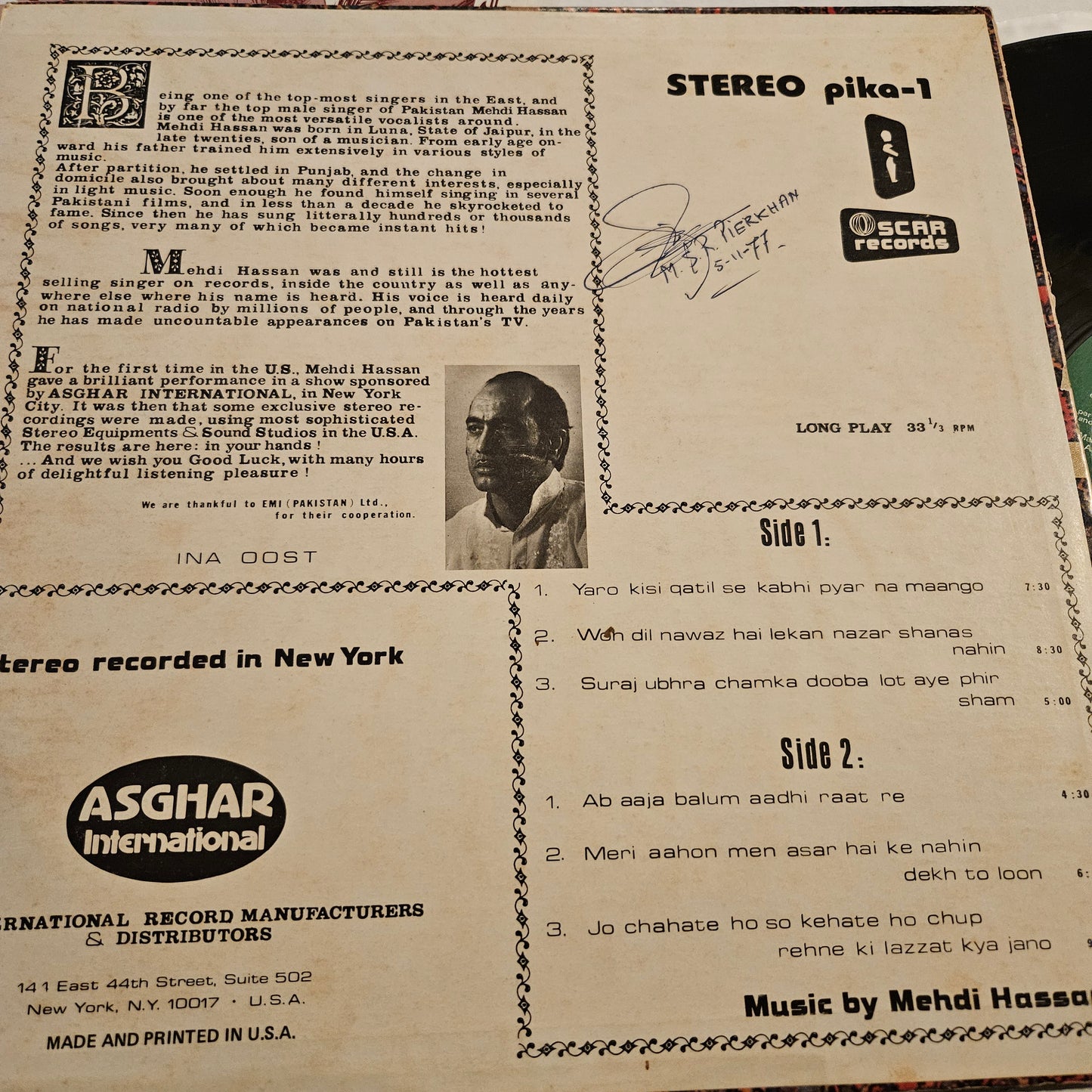 Mehdi Hassan - geets and Ghazals in VG+  Recorded in New York  - Oscar Records Pika-1