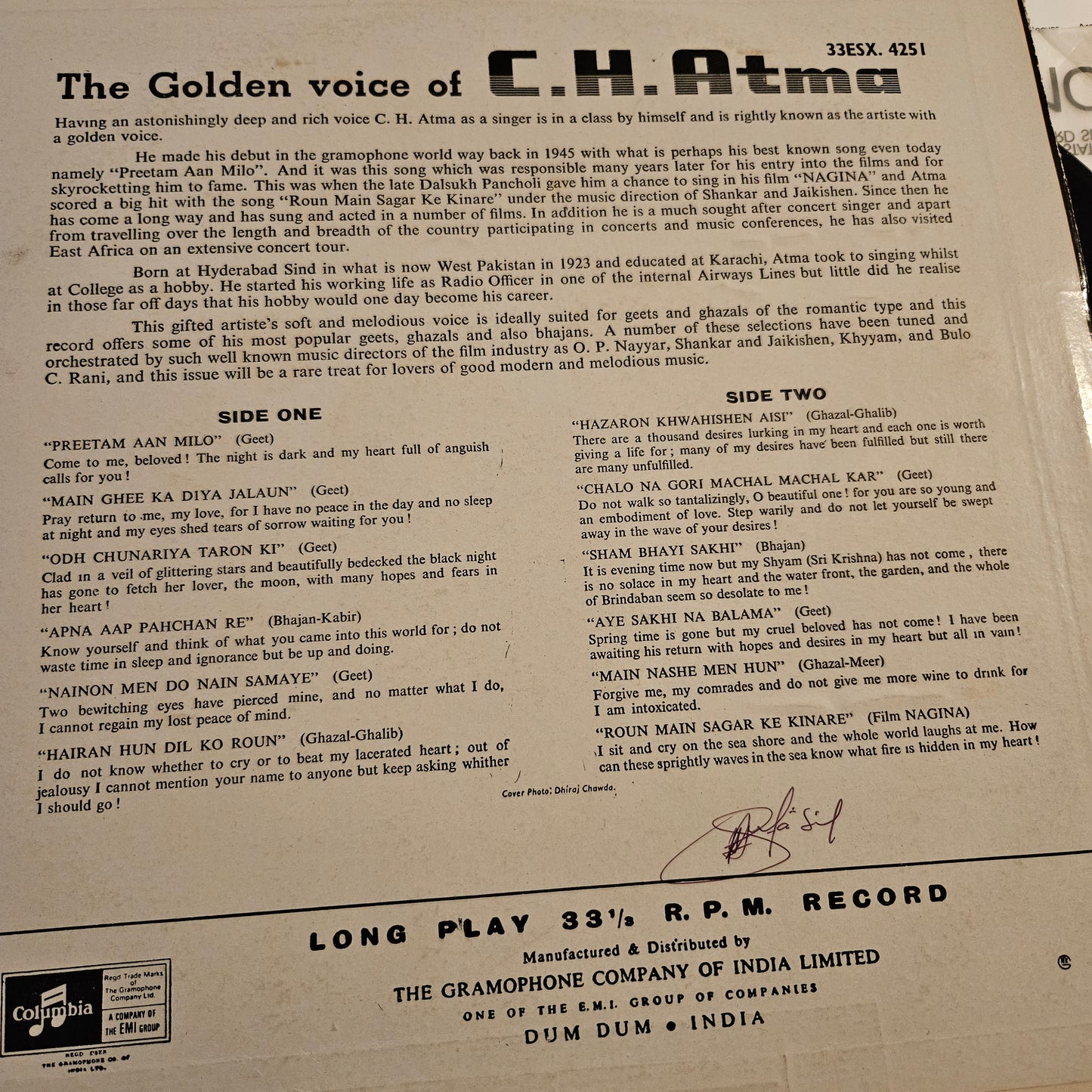 C. H. Atma - his Twelve Great Love Songs  - in Near mint from original soundtracks  -Columbia release 33ESX 4251