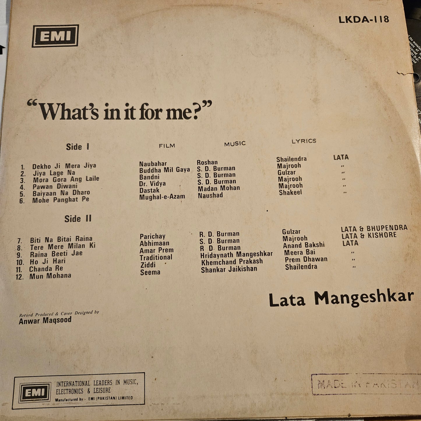 Lata Mangeshkar - what's in it for me in Near mint - superb collection from original soundtracks
