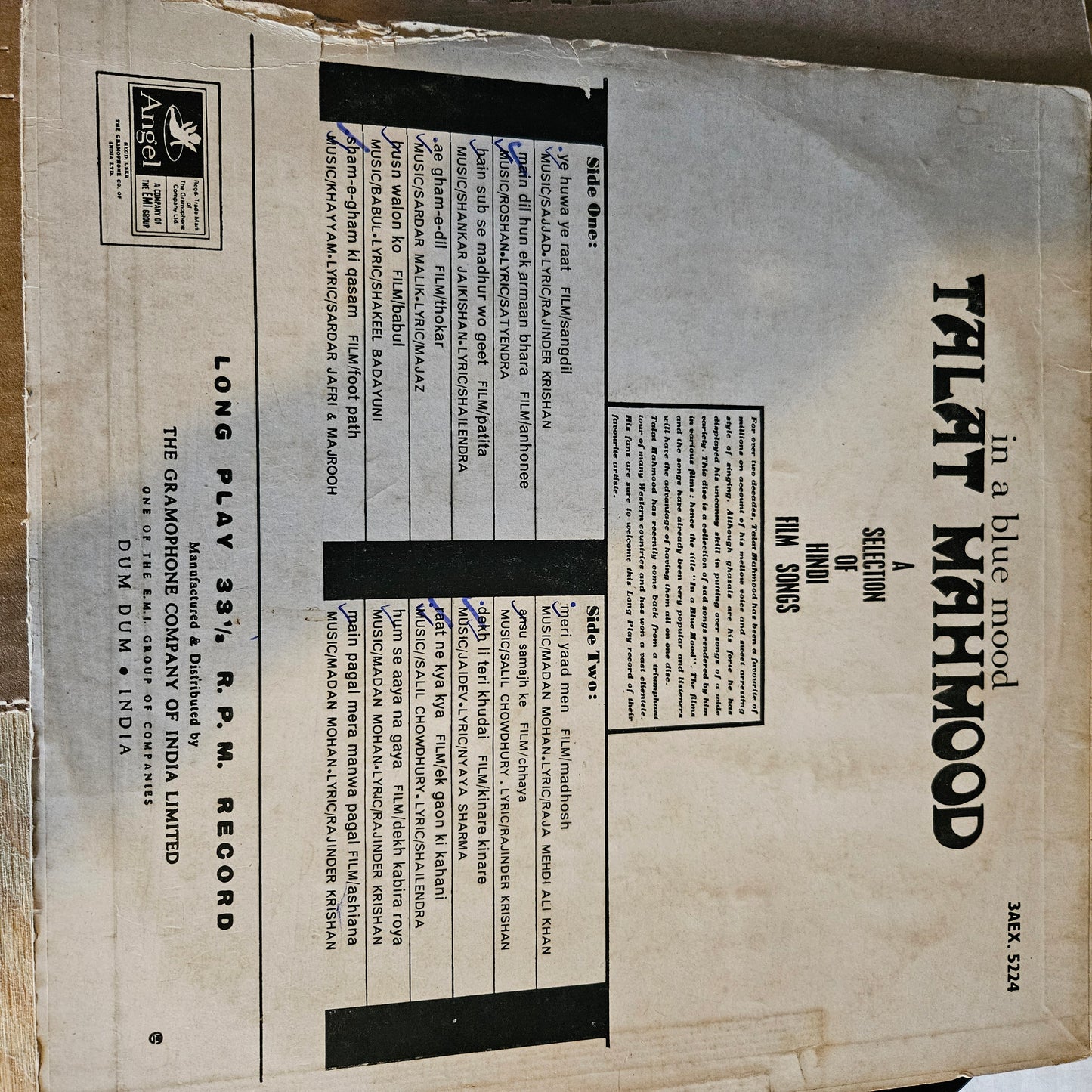 Talat Mahmood - Songs from Films - In Blue Mood -  in VG+ condition - from original soundtrack 3AEX 5224
