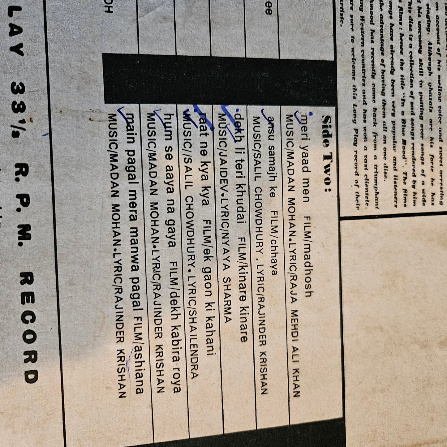 Talat Mahmood - Songs from Films - In Blue Mood -  in VG+ condition - from original soundtrack 3AEX 5224