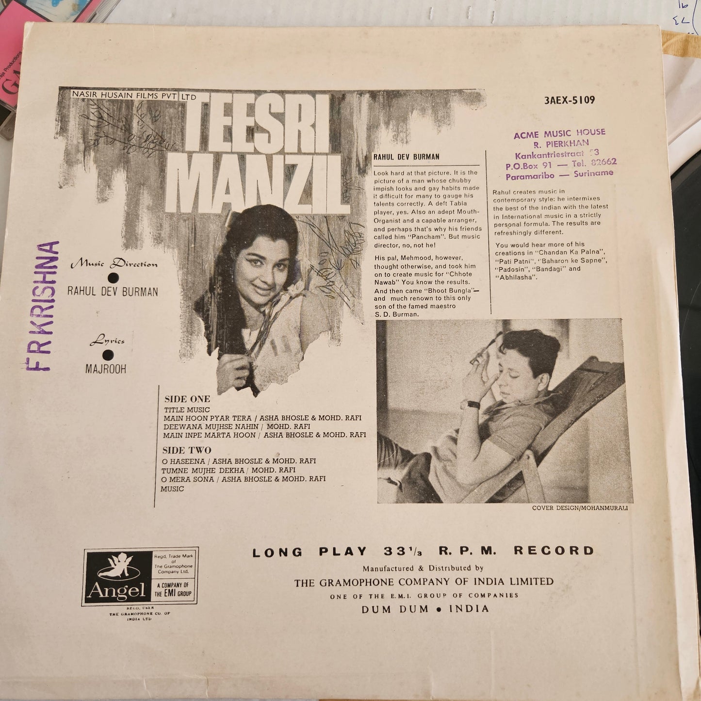 Teesri Manzil - 1st Angel issue - Music R.D. Burman in Excellent to near mint condition from original soundtrack - 3AEX 5109