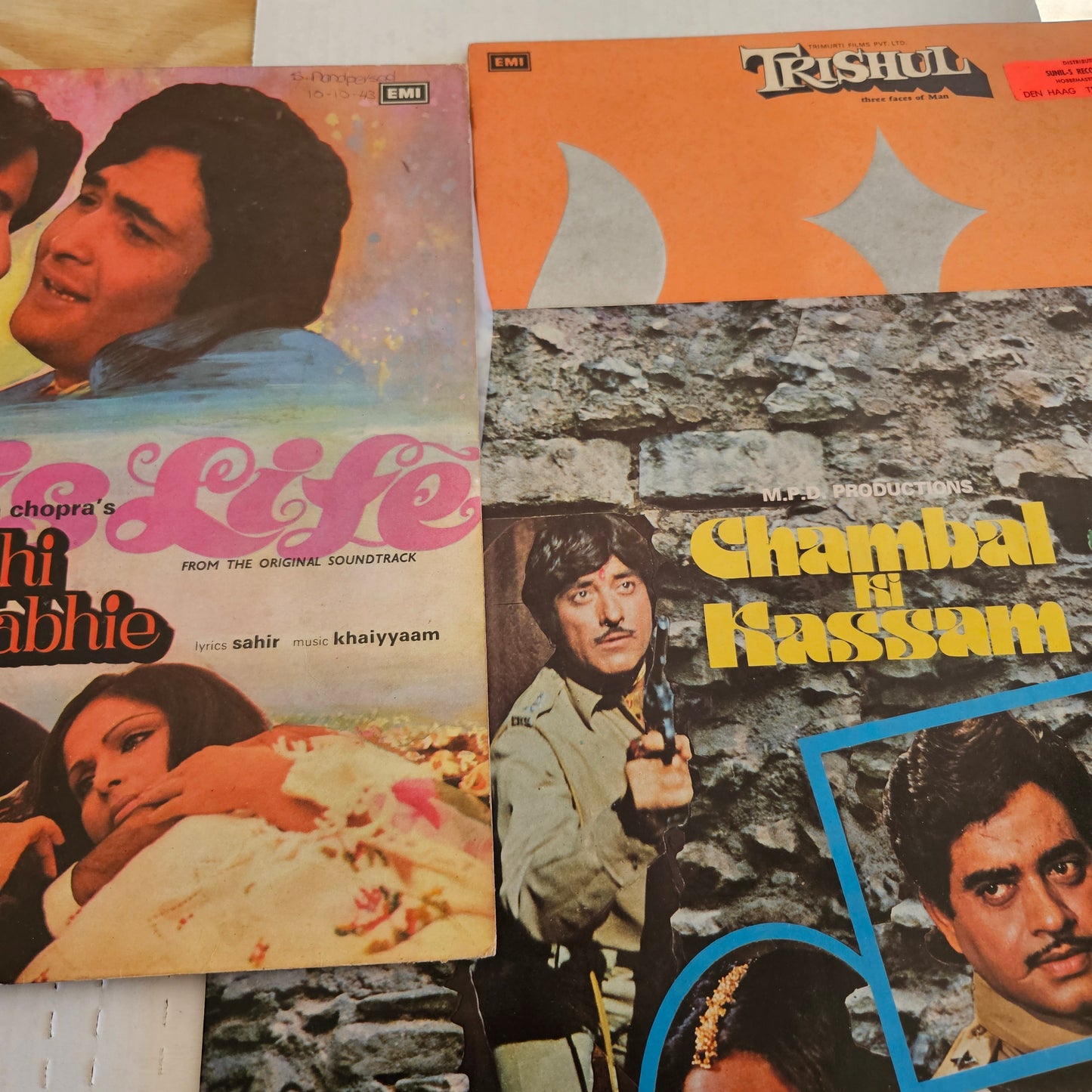 3 lps Classic Khaiyyam and Sahir Ludhiyanvi , Kabhi Kabhie, Chambal ki Kasam and Trishul  in Near mint condition from original soundtracks Supreme Stereo recording