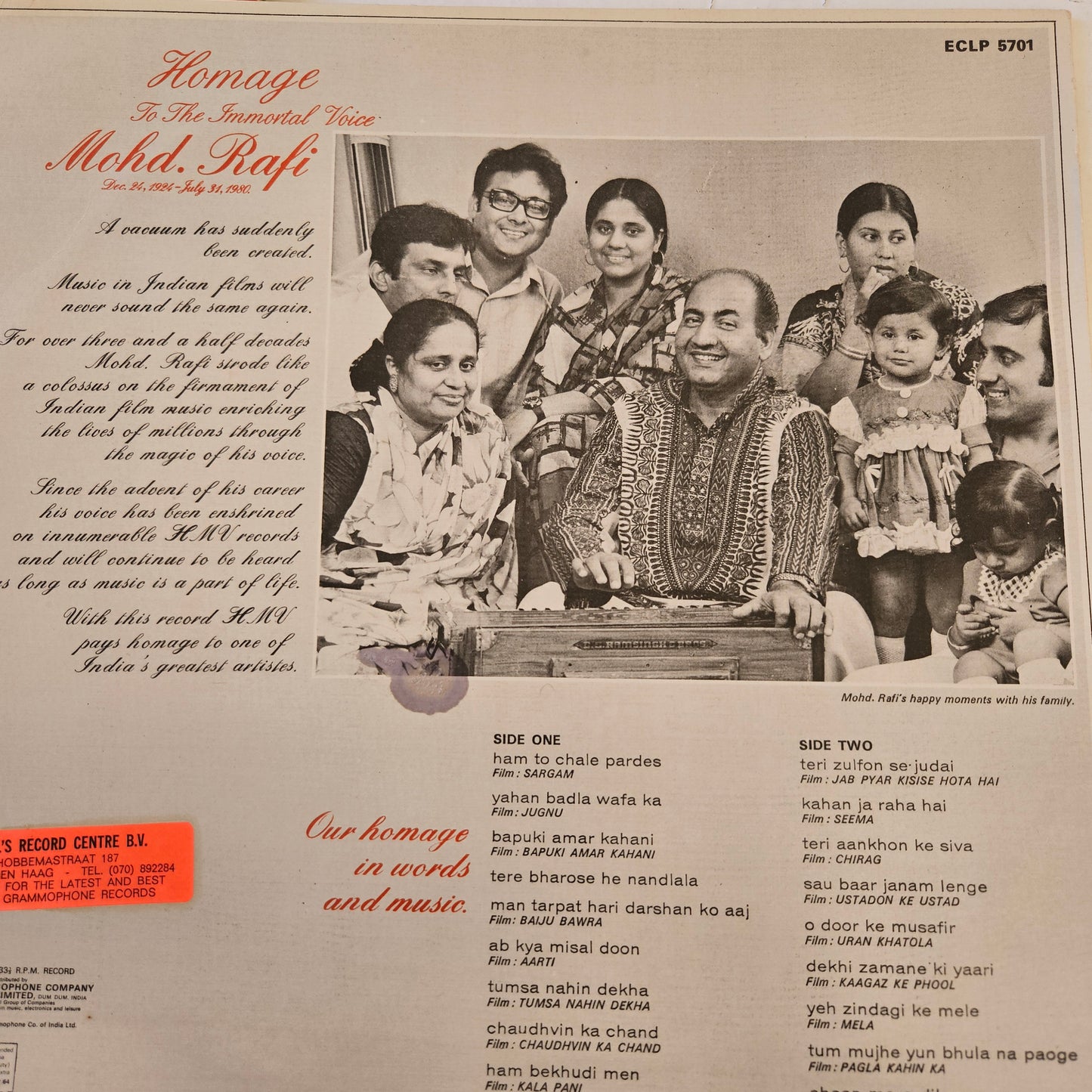 Mohammed Rafi - Homage to the immortal voice in near Mint condition from original Soundtracks ECLP 5701.