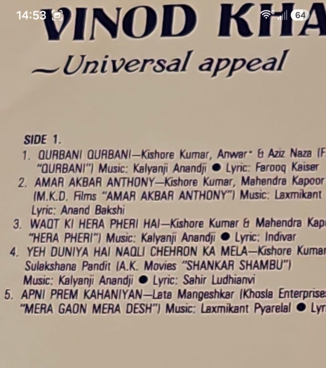 Vinod Khanna - songs from his films - Collectible Item in near mint