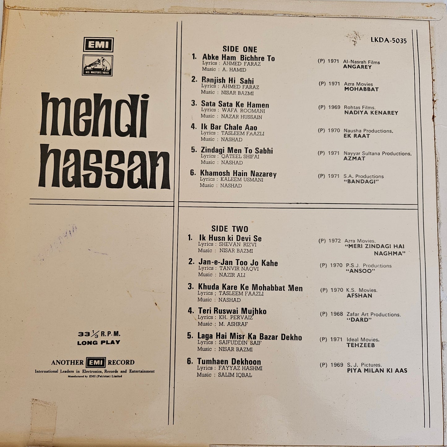 Mehdi Hassan - The best of Mehdi Hassan from Pakistani Films in near Mint - RARE in HMV version