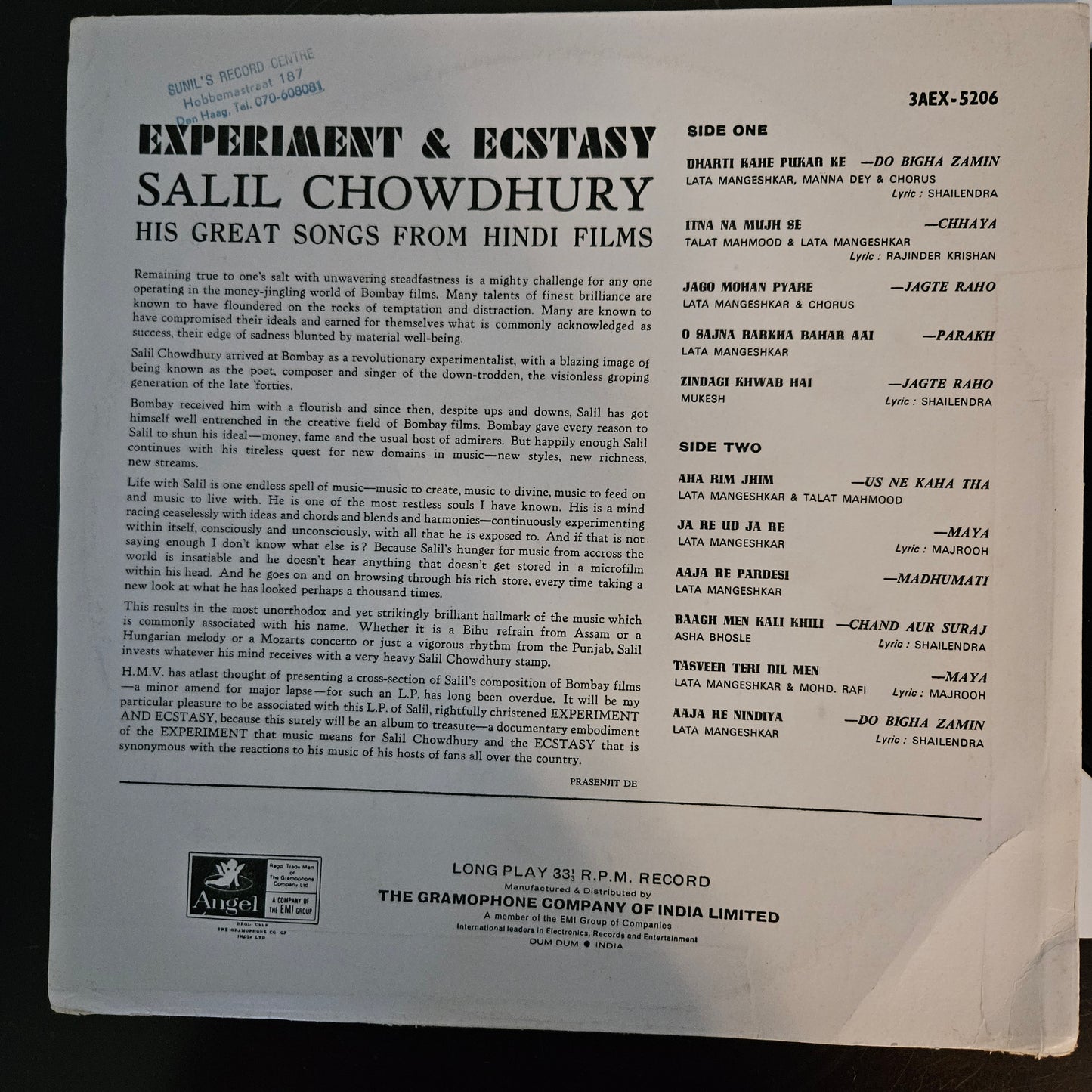 Salil chowdhury - His songs from hindi Films - 1st angel in excellent to near Mint  rare songs collection