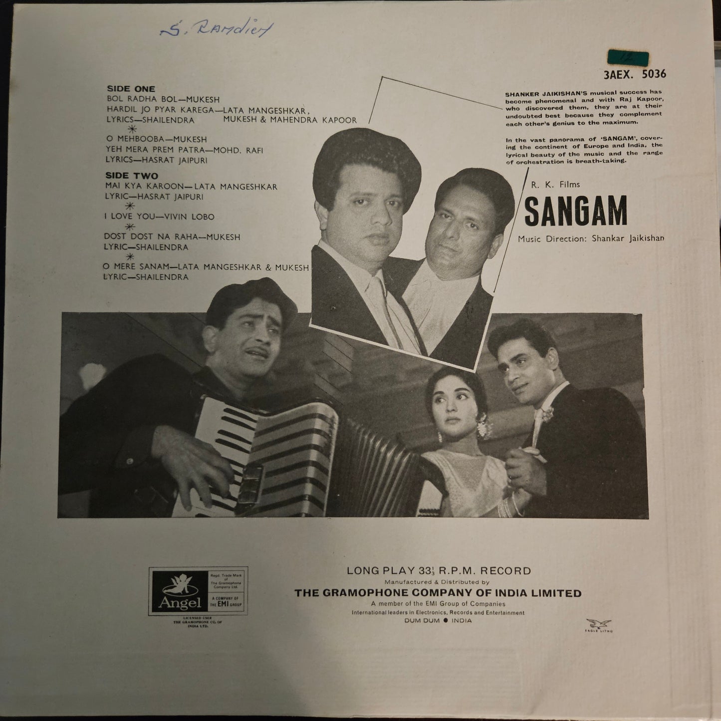 Sangam - Raj Kapoor and Shankar Jaikishan - 1st Angel in excellent to near mint condition