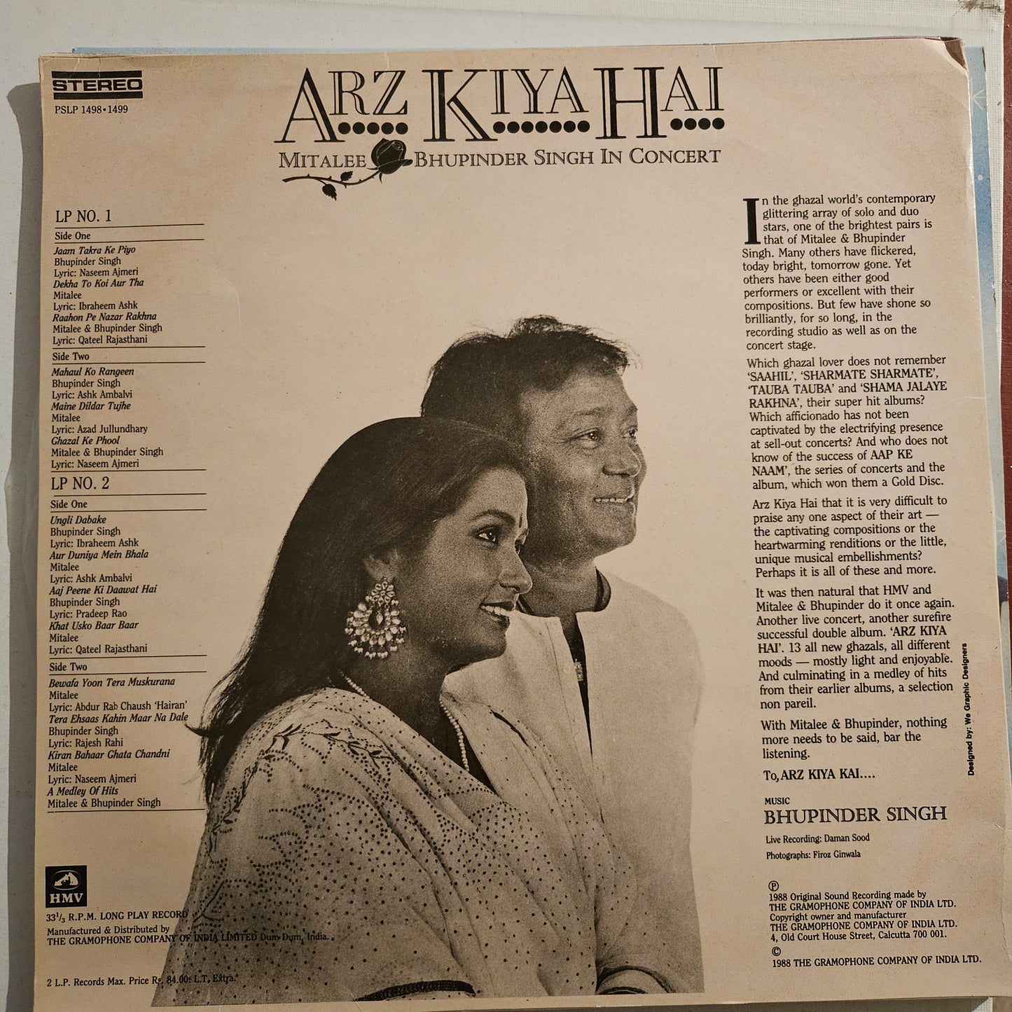 Bhupinder Singh and Mitalee  Arz Kiya Hai   - In Stereo 2 LP set in near mint condition like unplayed.