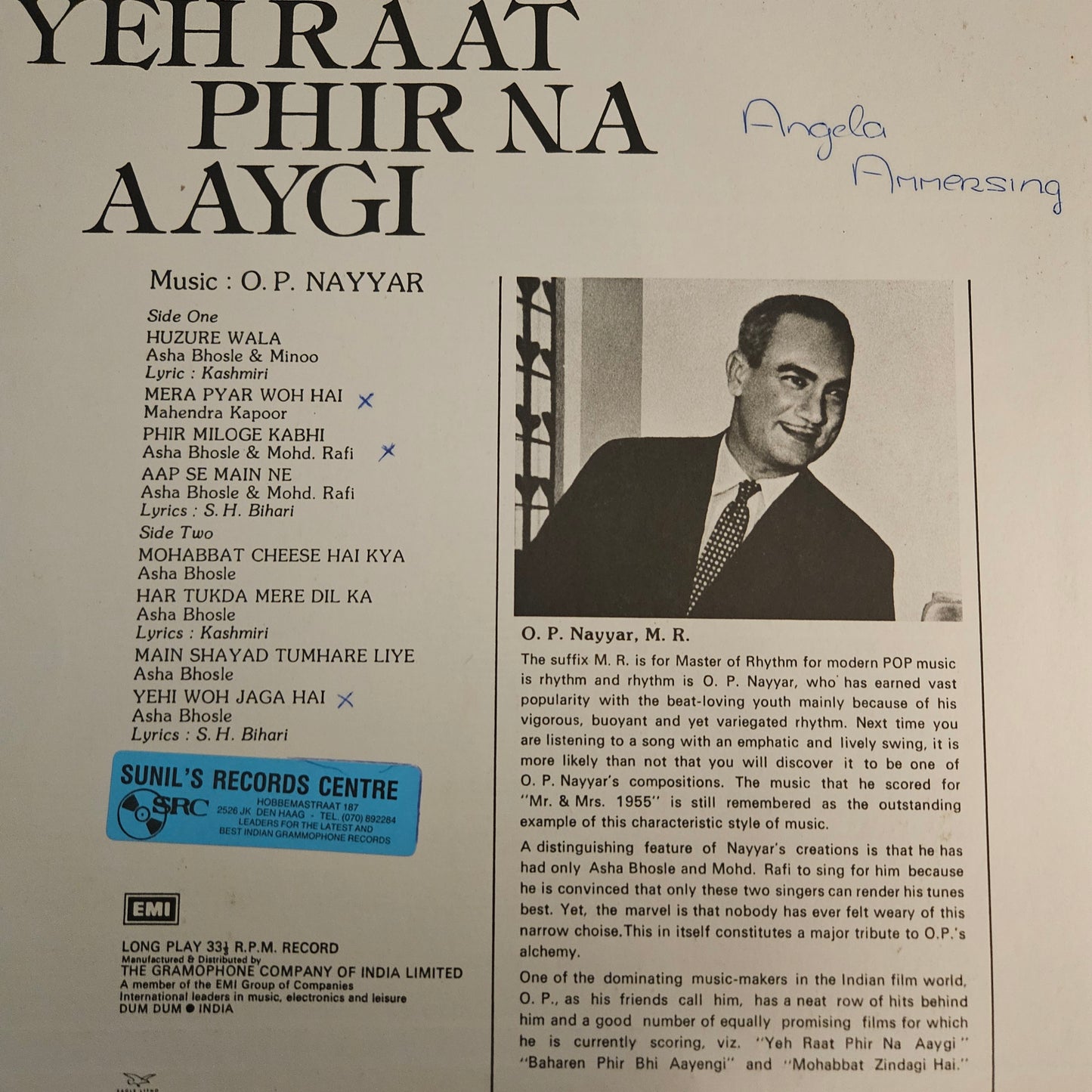 YEH RAAT PHIR NA AAYEGI - Superhit music by O P NAYYAR  in NEAR MINT