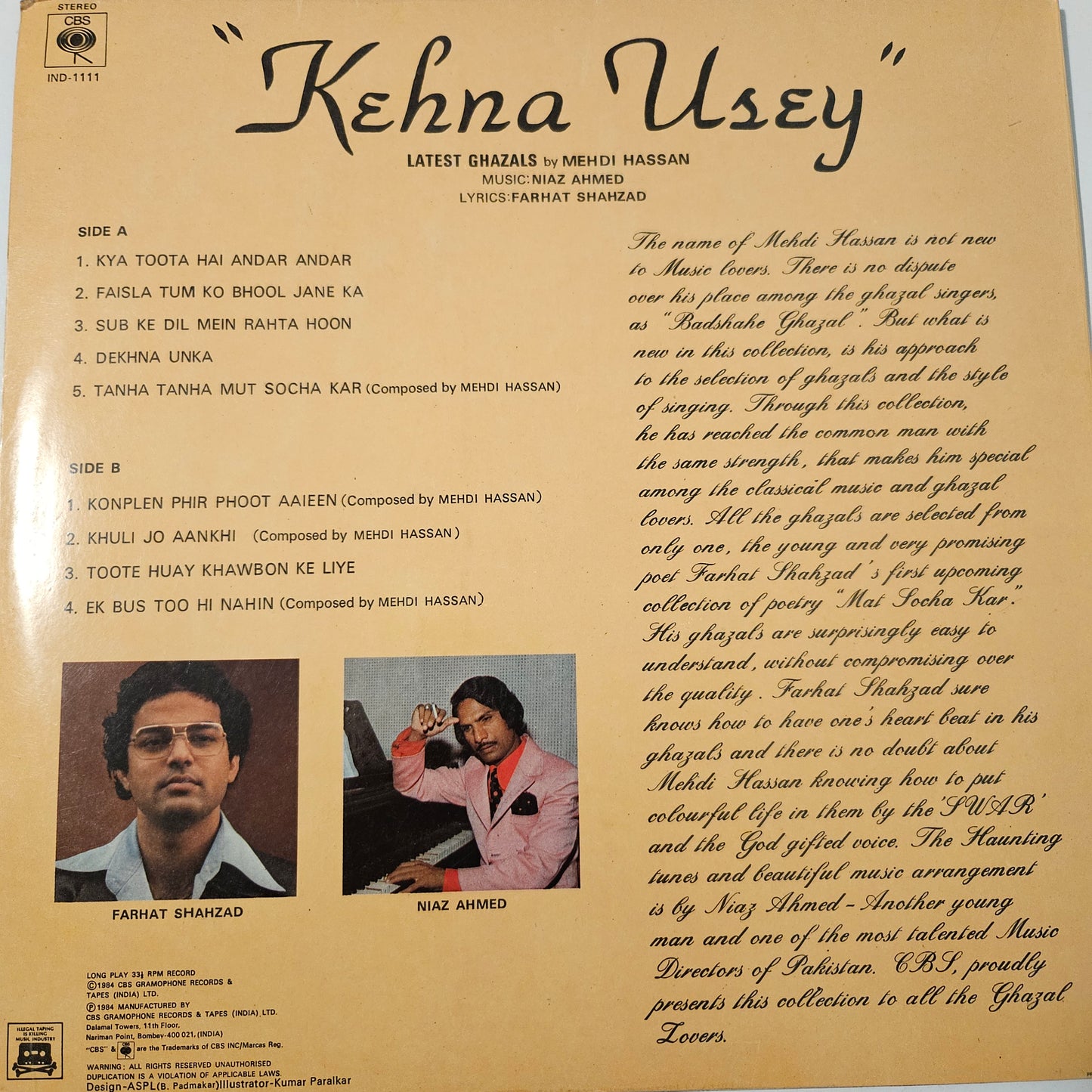 Mehdi Hassan - Kehna Usey - near mint in Stereo - CBS Sony pressing Rare