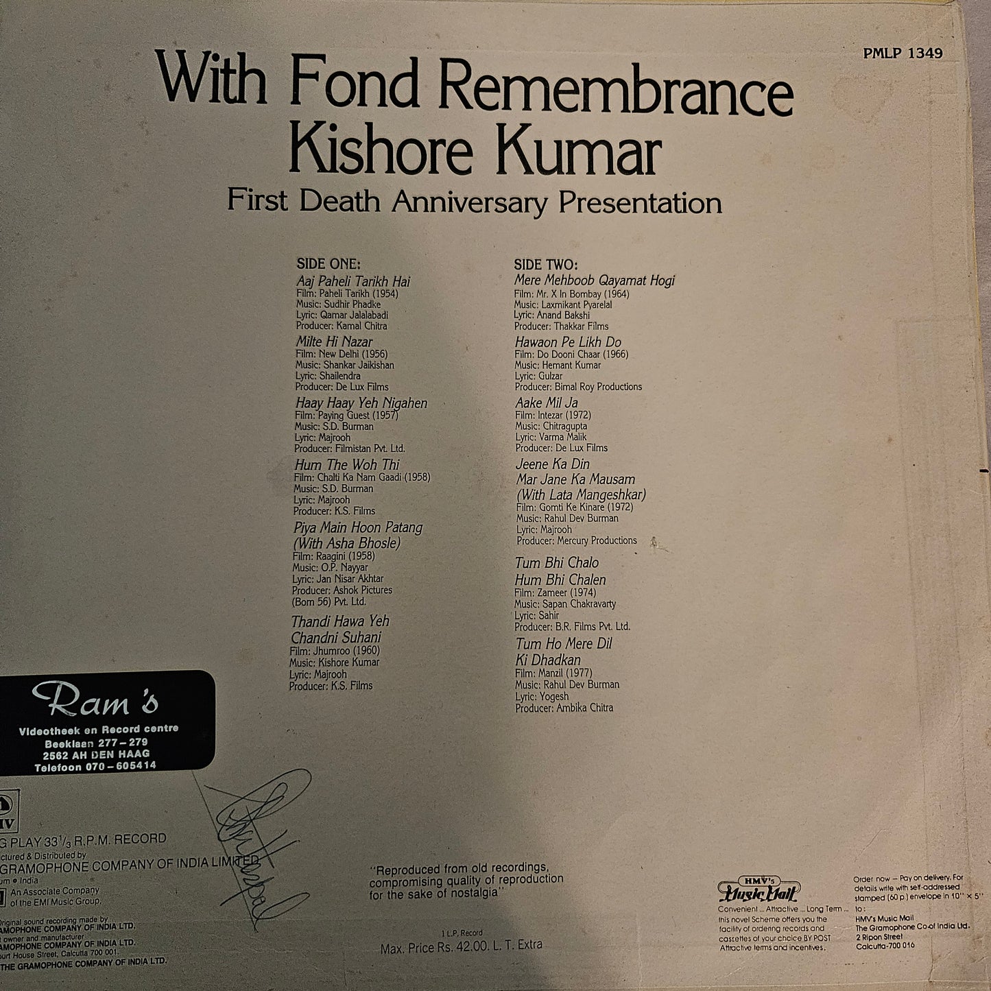 Kishore Kumar - With Fond Remembrance - First Death Anniversary Presentation in Excellent