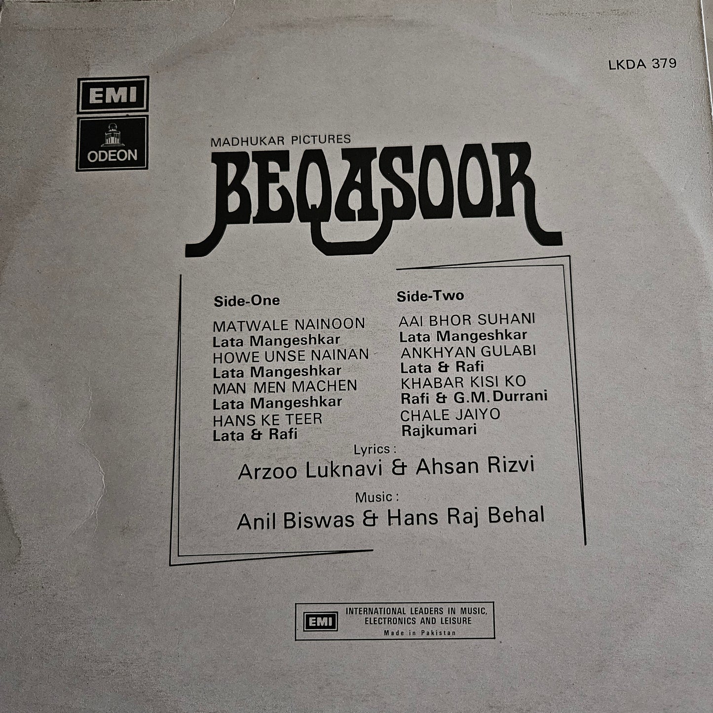Beqasoor - Music by Anil Biswas classic rare in near mint