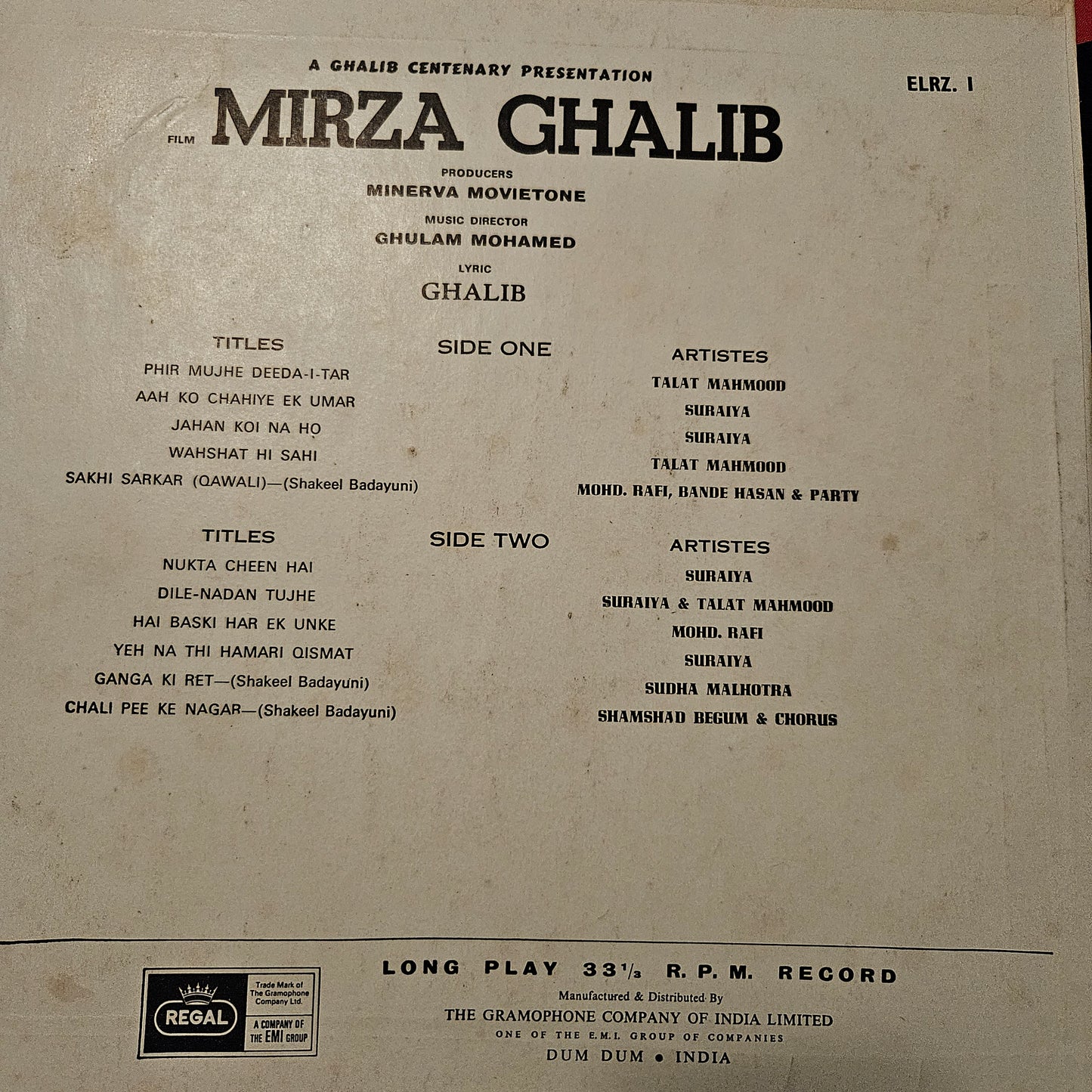 Mirza Ghalib - Superhit album by Ghulam Mohamed - in VG+ condition