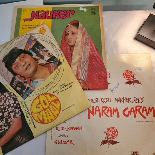 3 LPs package R D Burman, Gulzar, Majrooh Gol Maal, Nauker, Naram Garam  in  45 RPP Lp format superhit classic  in Near mint