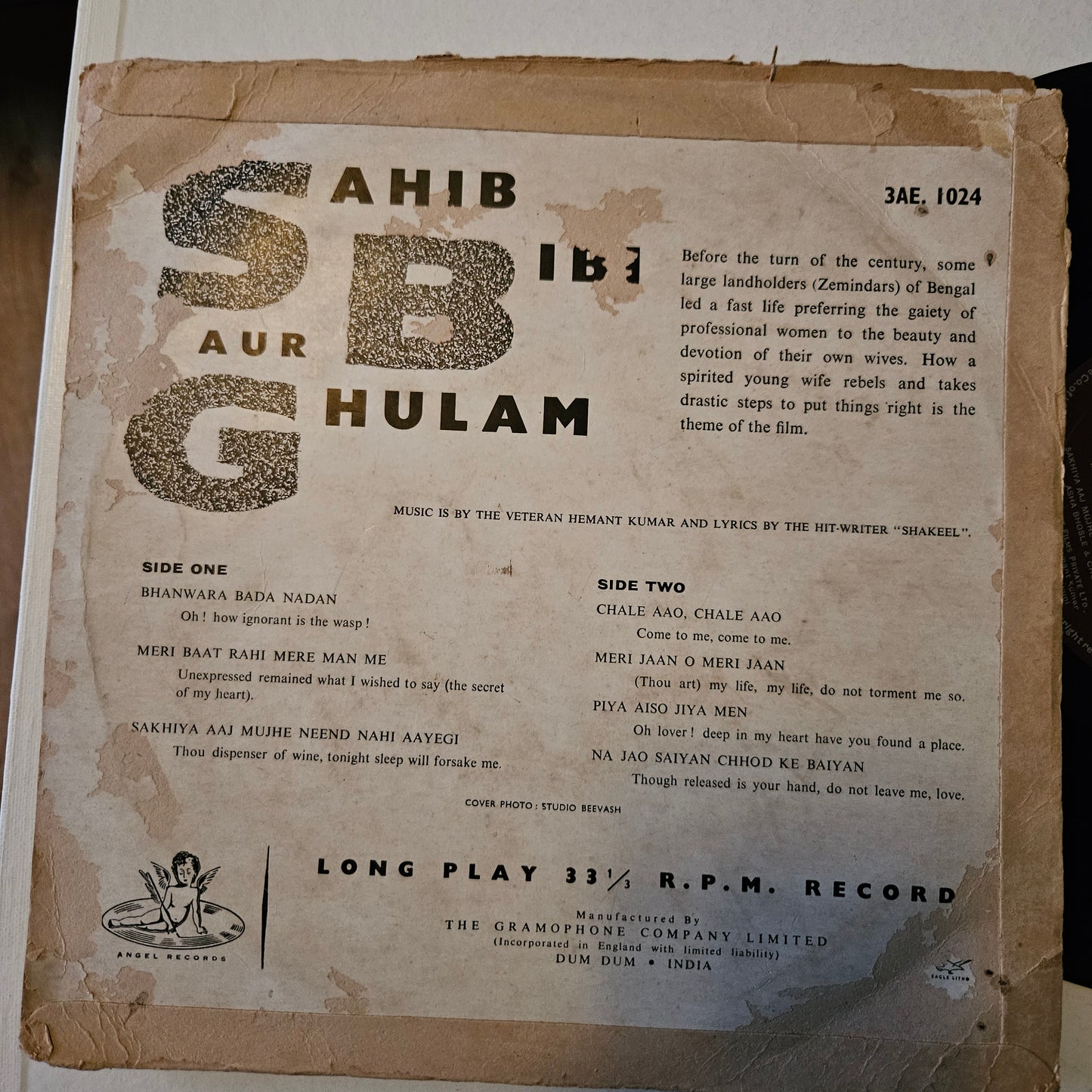 Sahib Bibi Aur Ghulam - Music by Hemant Kumar -  classic Guru Dutt' films original soundtrack - 10 Inch Angel in VG condition