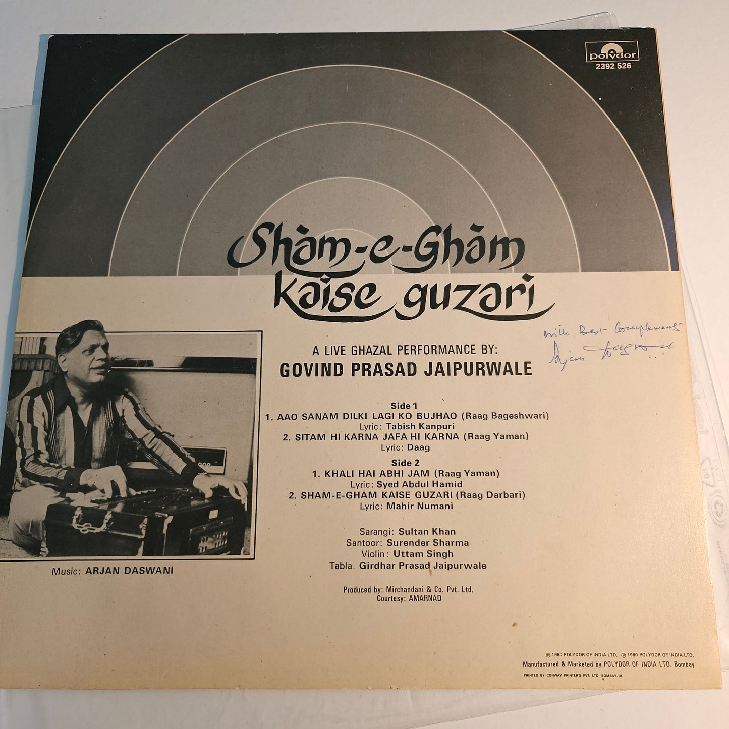 Govind Prasad Jaipurwale – Sham-e-Gham Kaise Guzari/A Live Ghazal Performance By: Govind Prasad Jaipurwale in Near Mint signed by Arjan Daswani