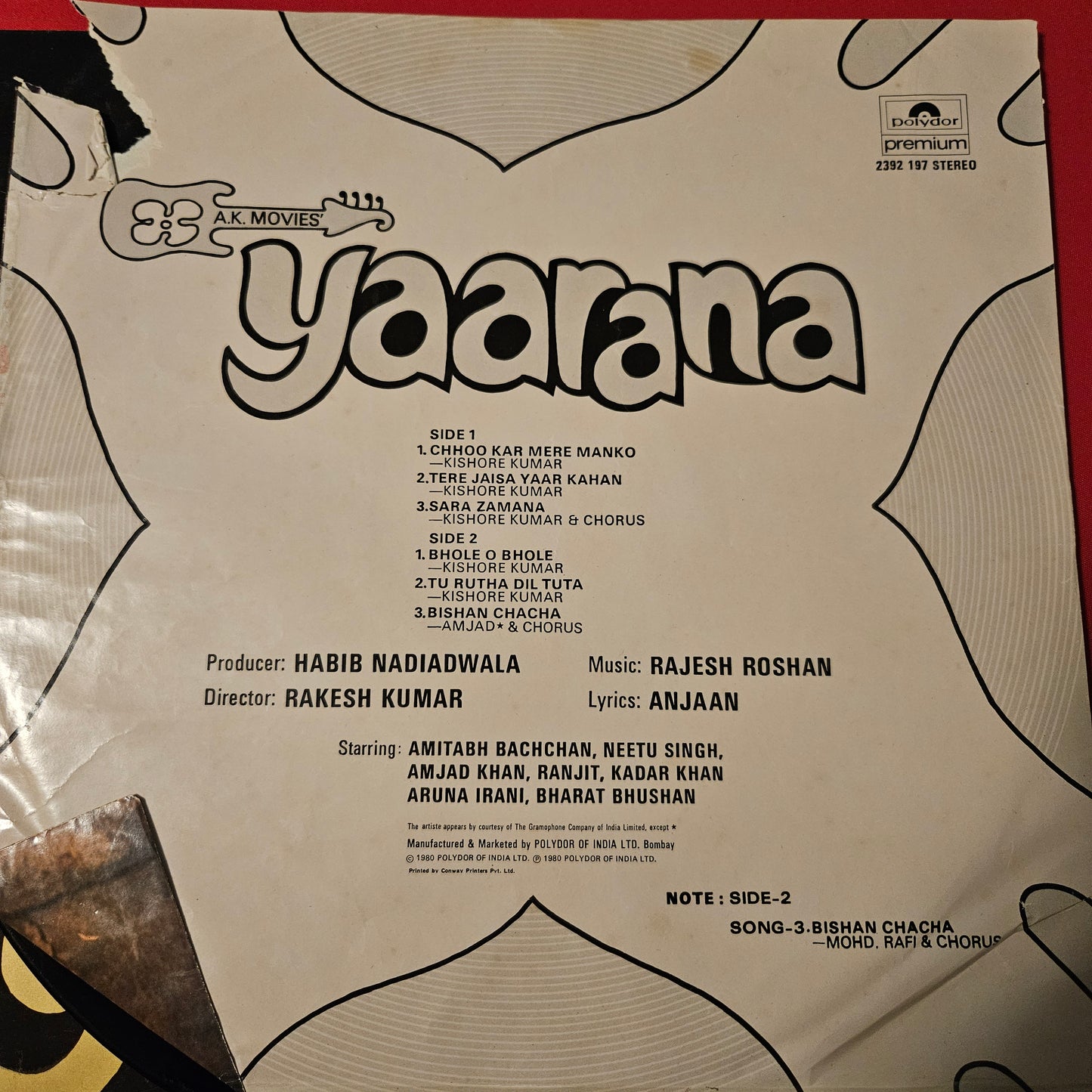 Yaarana -  Superhit polydor premium Stereo - Rajesh Roshan in Excellent condition with original inner sleeve -Gatefold edition