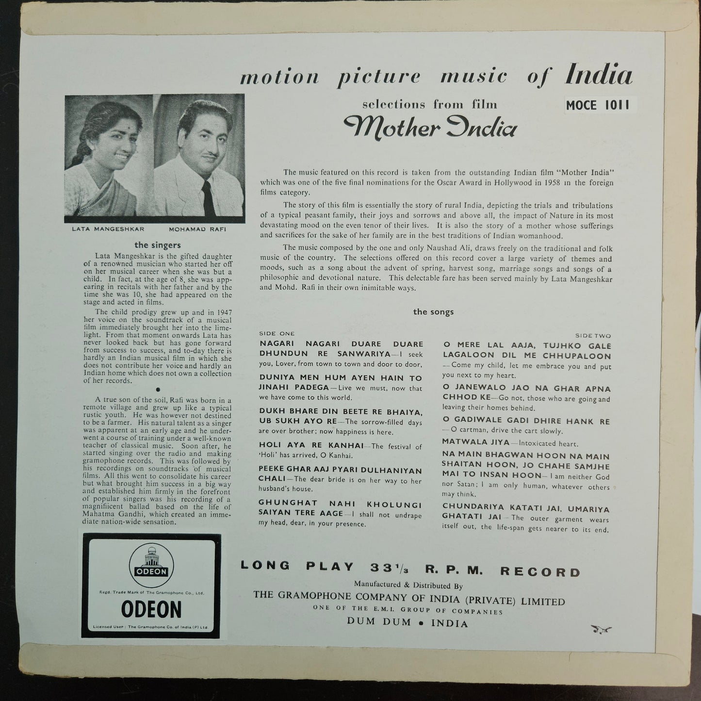 Mother India - 1st ring odeon in classic Superhit excellent - music by Naushad - rare