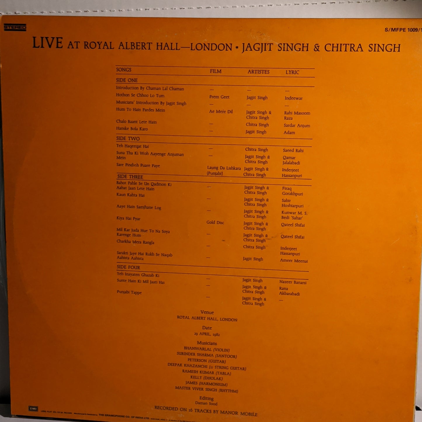 2 LP Set Jagjit Singh and Chitra Singh Live at Royal Albert Hall London MINT