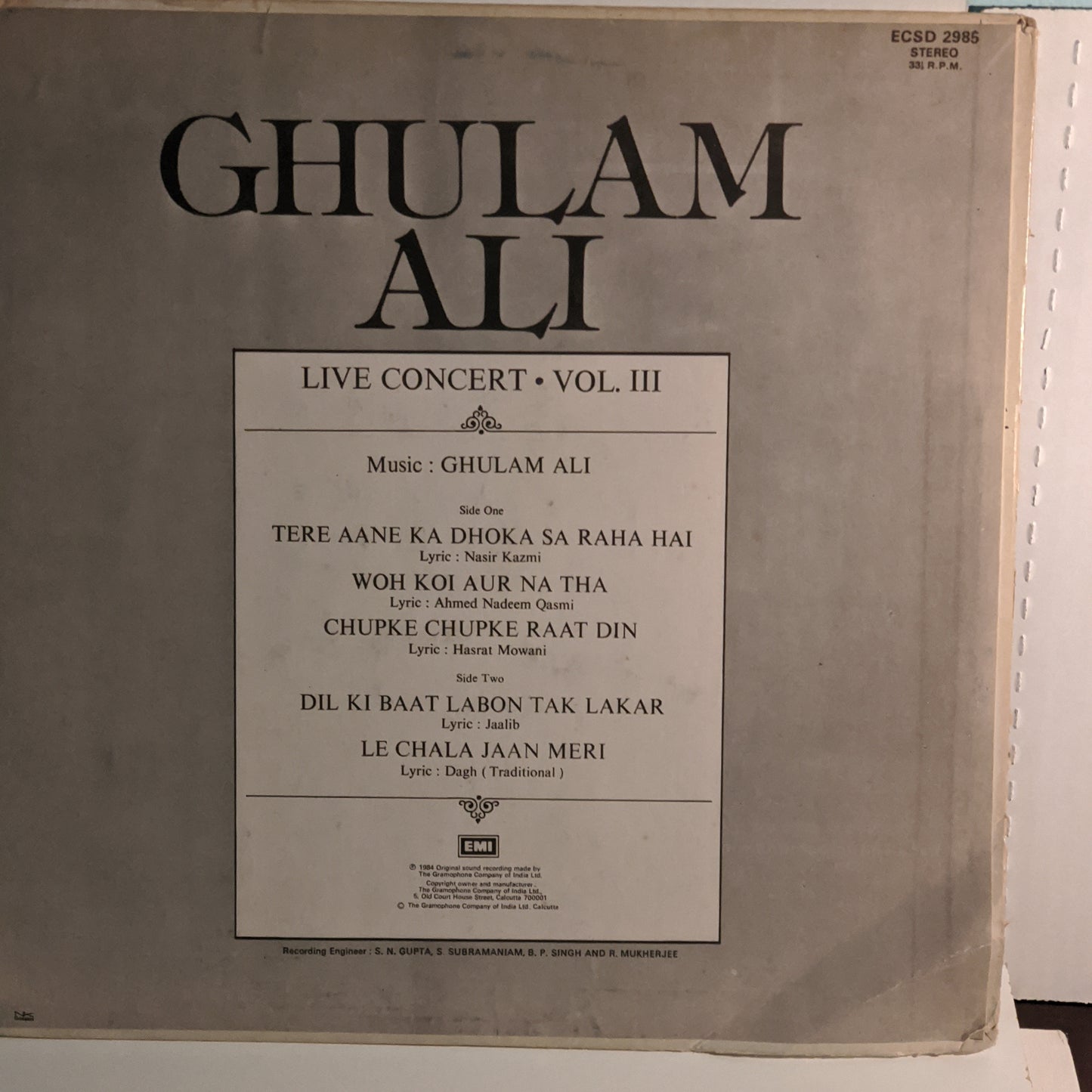 GHAZALS - GHULAM ALI "Live CONCERT VOL 3" NEAR Near MINT in Stereo