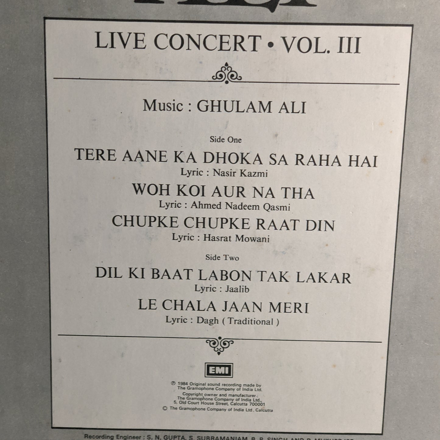 GHAZALS - GHULAM ALI "Live CONCERT VOL 3" NEAR Near MINT in Stereo