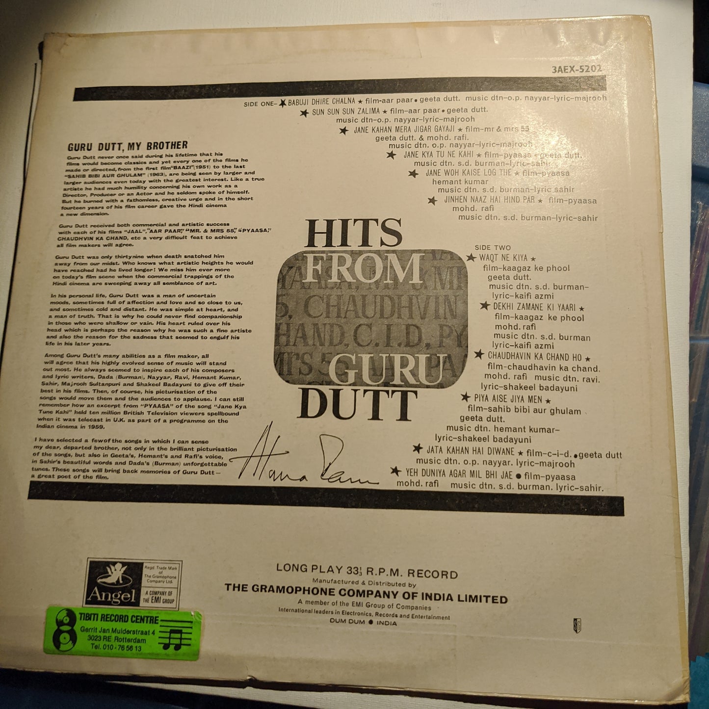 GURU Dutt - Hits from his films -collectible in VG+ - Odeon pressing