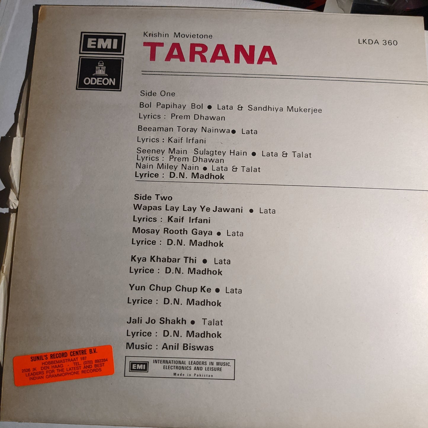 Tarana - Music Anil Biswas in Unplayed mint - pak pressing