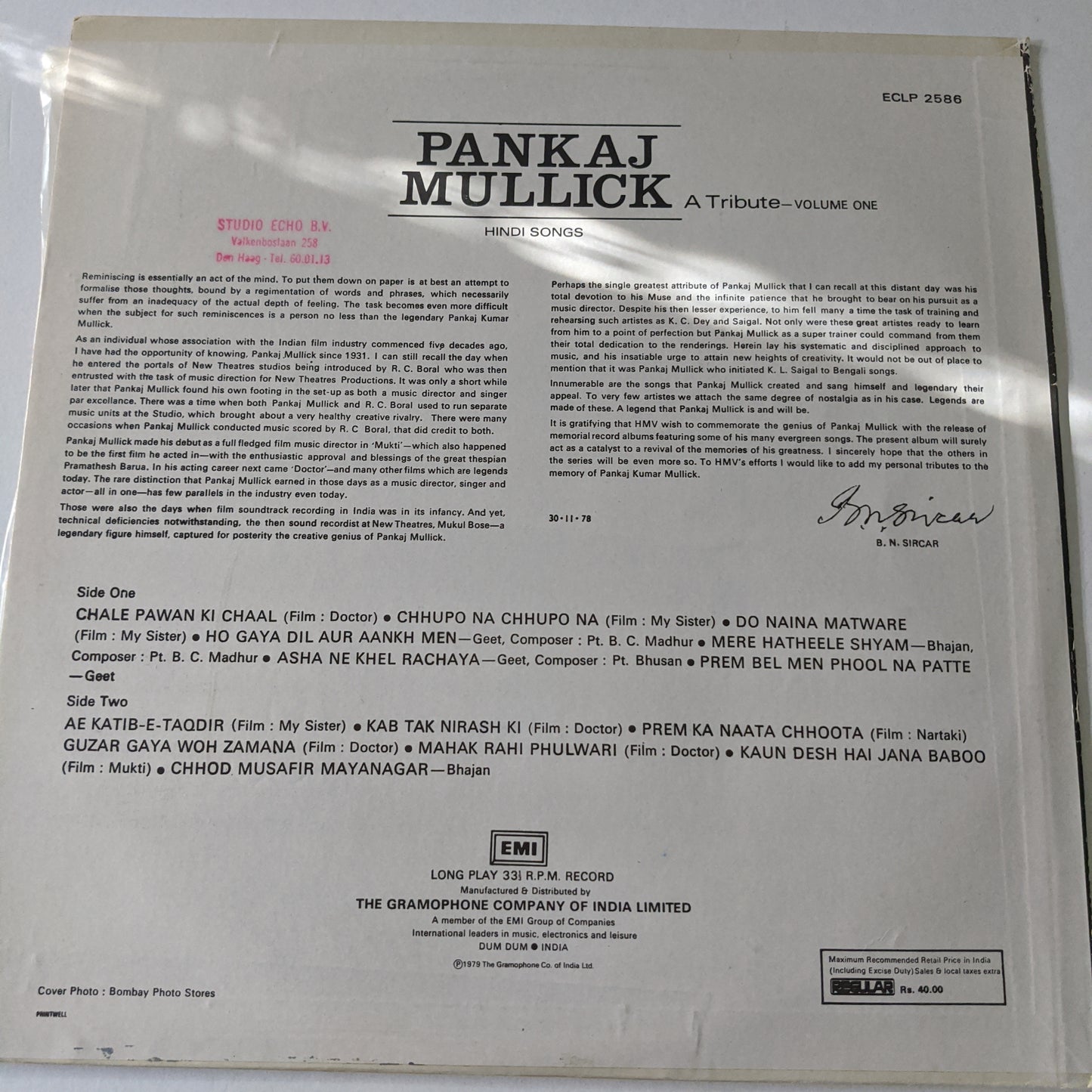 Pankaj Mullick - A tribute vol1 Hindi songs in excellent condition