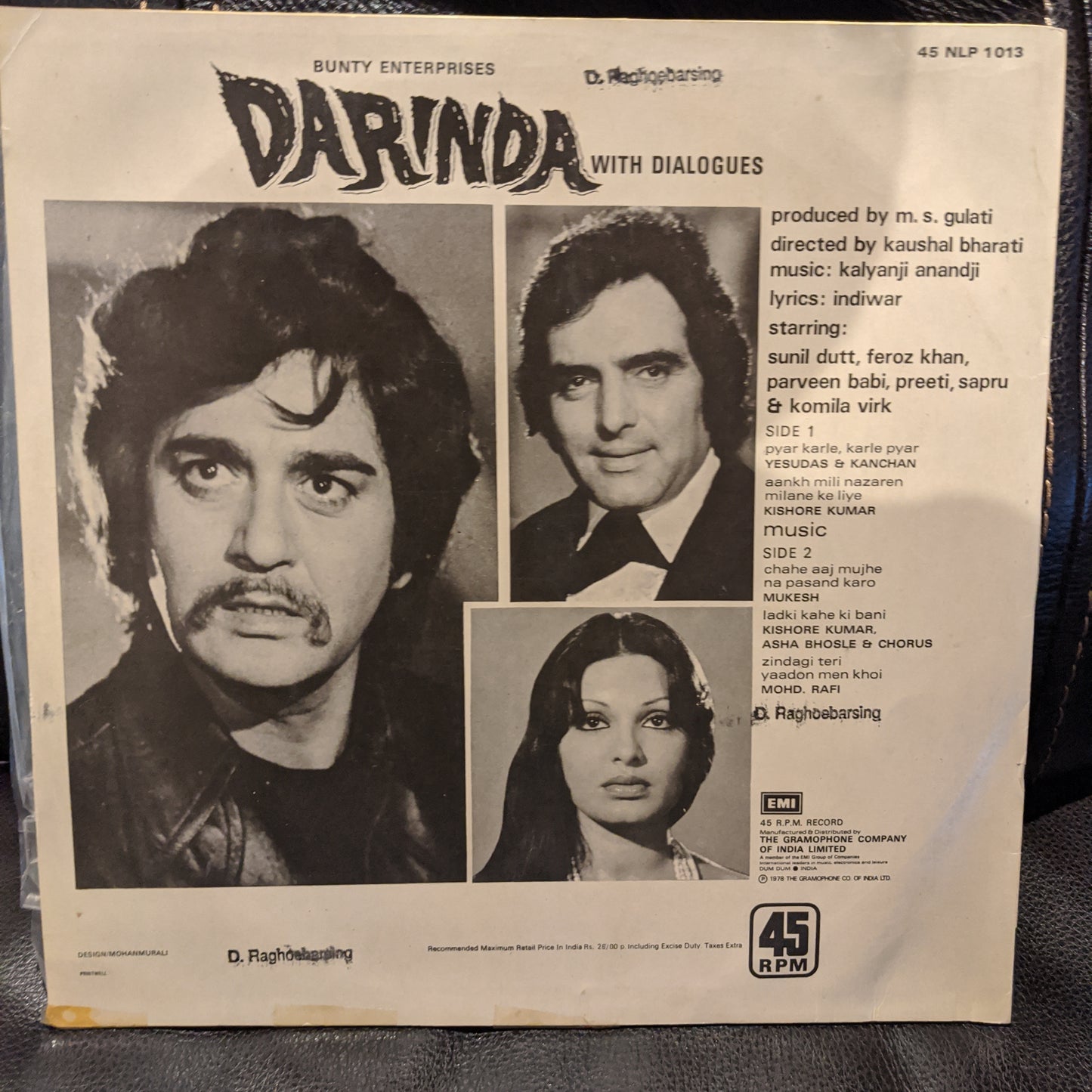 Darinda- 45 rpm LP Music by Kalyanji Anandji in excellent