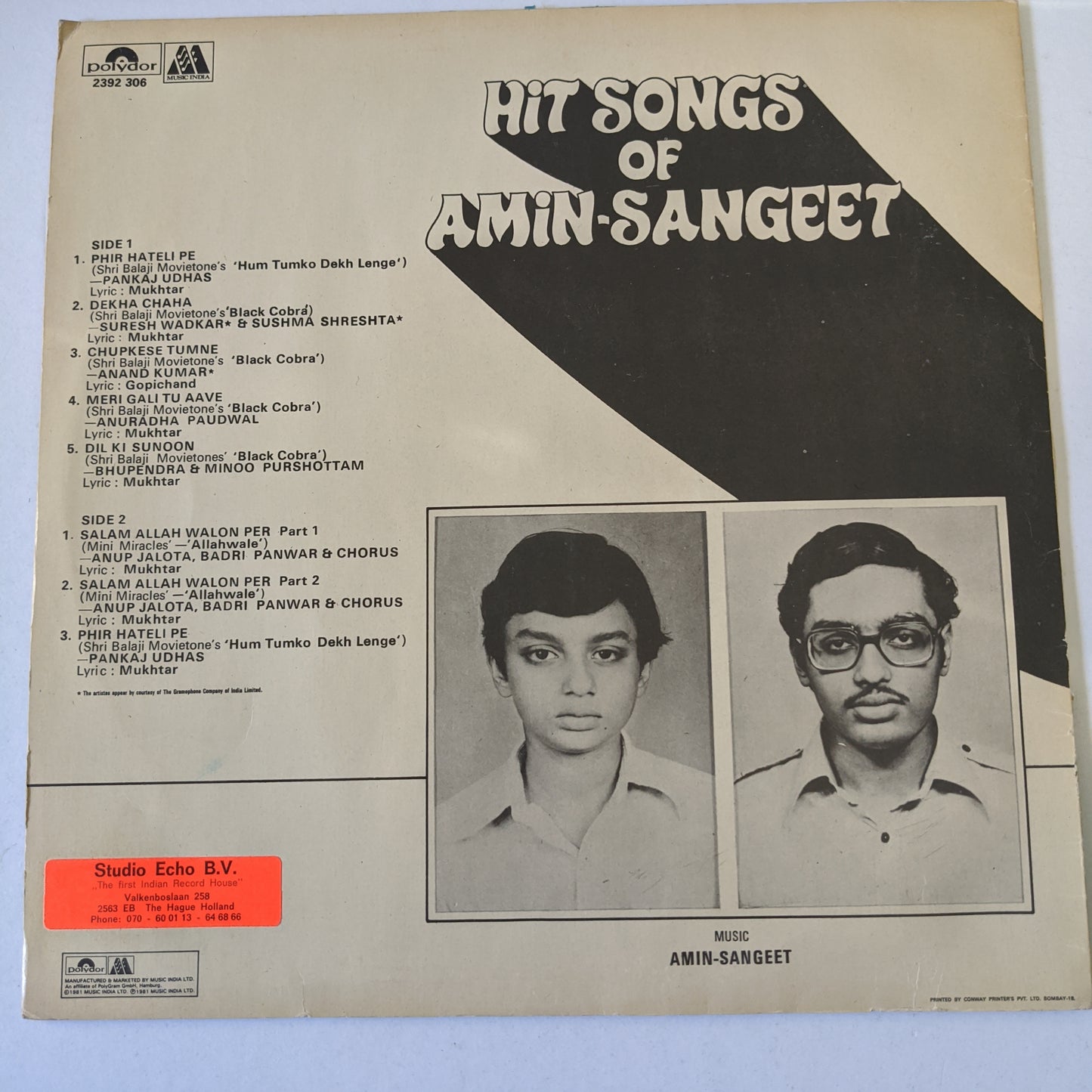 Amin Sangeet HIT SONGS OF AMIN-SANGEET- Black Cobra/Hum Tumko Dekh Lenge/ Allahwale in near mint