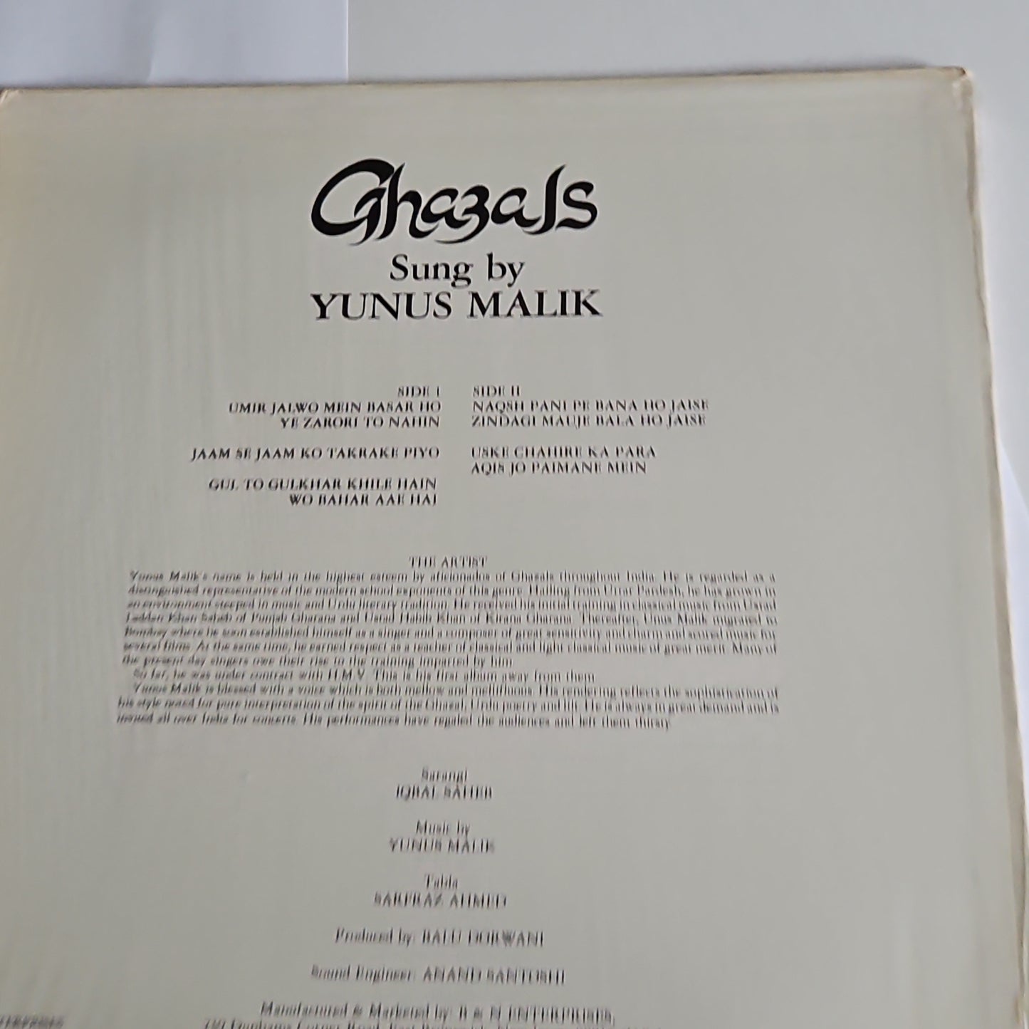 Yunus Malik Ghazals By Yunus Malik ( In Concert - Live) in near mint