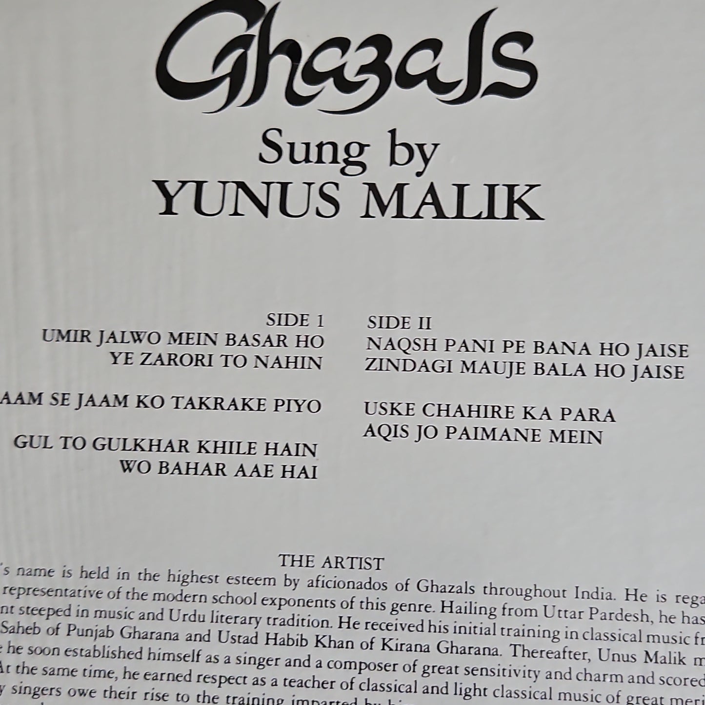 Yunus Malik Ghazals By Yunus Malik ( In Concert - Live) in near mint